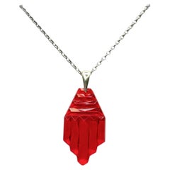 PONTIEL Art Deco Vibrant Red Step Glass Pendant Necklace with Sterling Chain