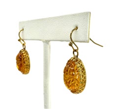 PONTIEL Egyptian Revival Amber Glass Scarabs Crown Bezel Drop Earrings