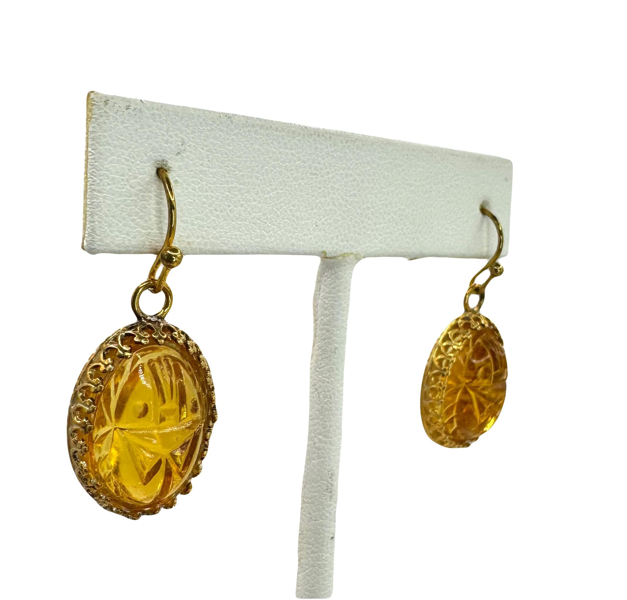 PONTIEL Egyptian Revival Amber Glass Scarabs Crown Bezel Drop Earrings In New Condition For Sale In Houston, TX