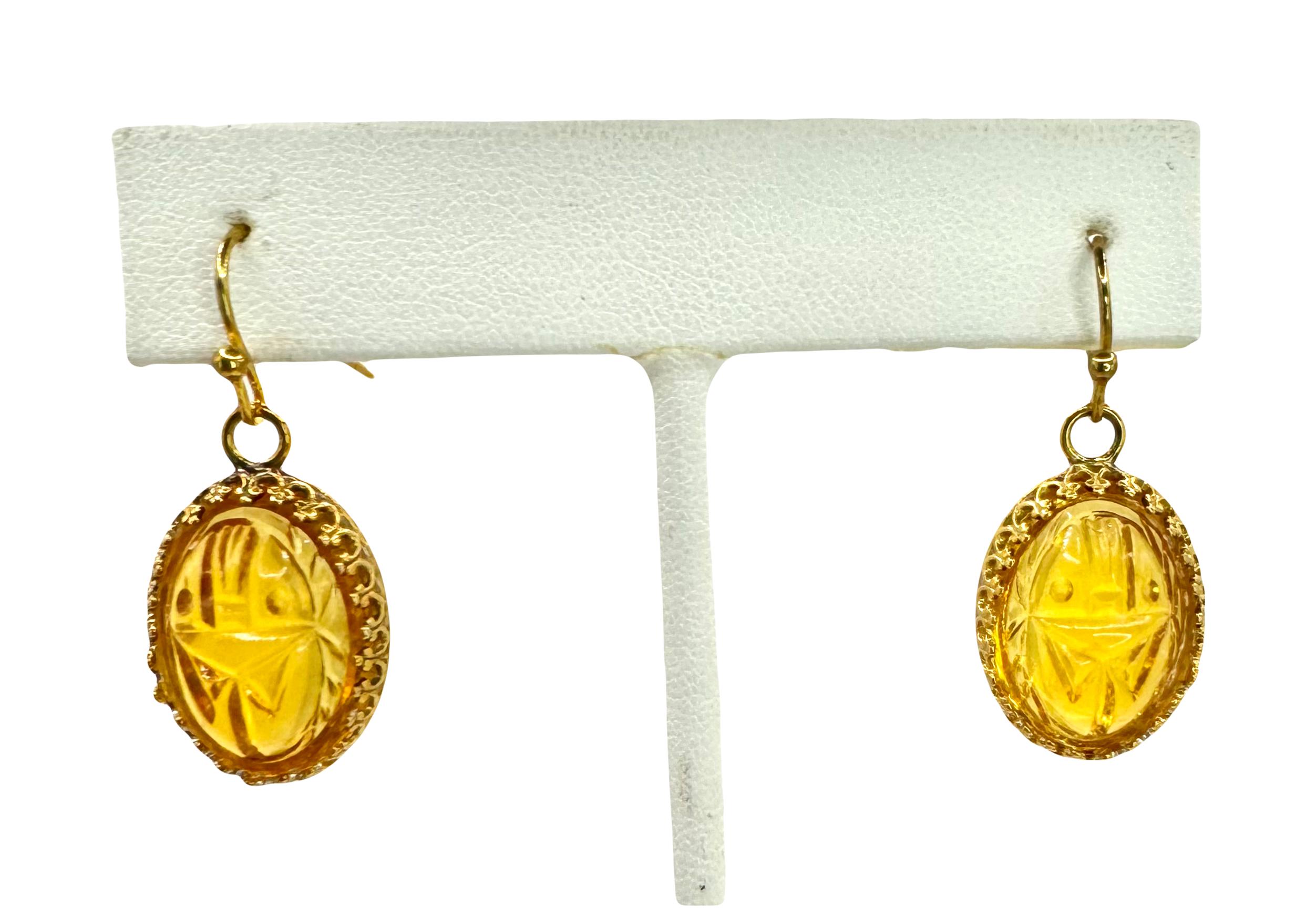 Women's or Men's PONTIEL Egyptian Revival Amber Glass Scarabs Crown Bezel Drop Earrings For Sale