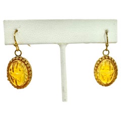PONTIEL Egyptian Revival Amber Glass Scarabs Crown Bezel Drop Earrings