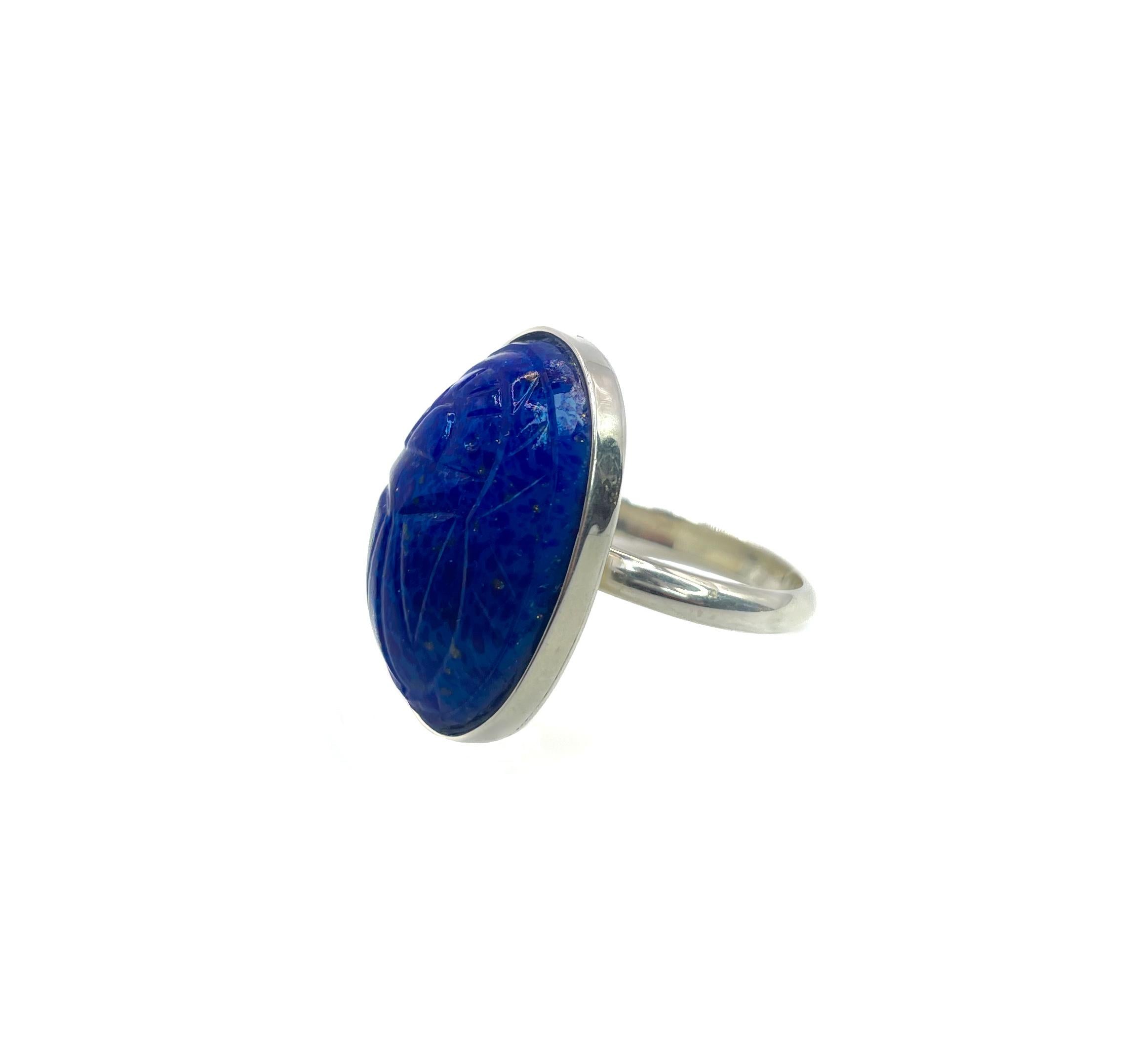Women's or Men's PONTIEL Egyptian Revival Blue Glass Scarab Sterling Silver Ring For Sale