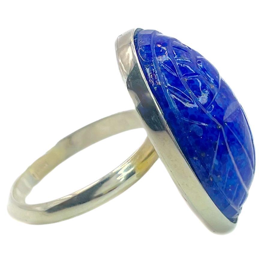 PONTIEL Egyptian Revival Blue Glass Scarab Sterling Silver Ring For Sale