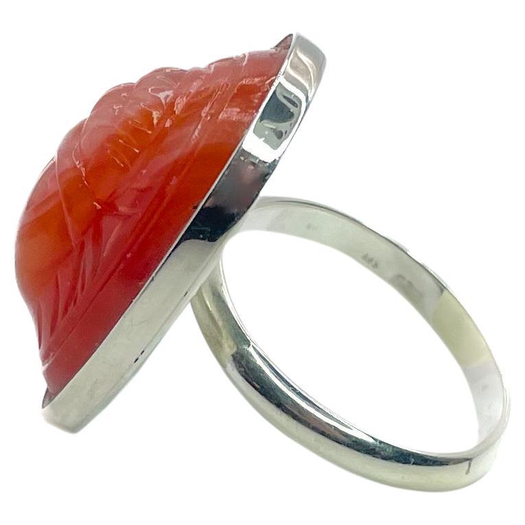 PONTIEL Egyptian Revival Carnelian Glass Scarab Sterling Silver Ring For Sale
