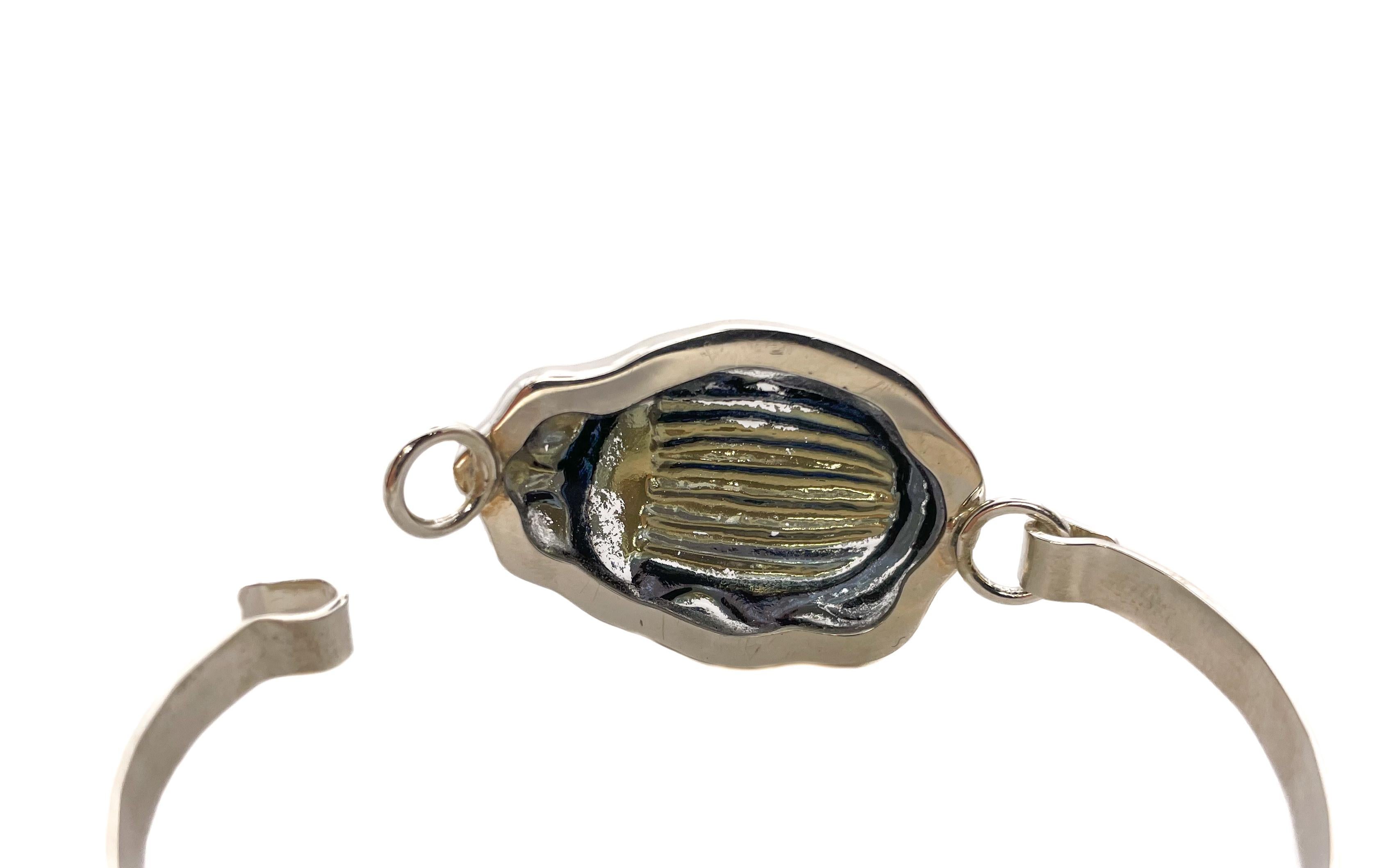 Women's or Men's PONTIEL Egyptian Revival Iridescent Glass Scarab Sterling Silver Bracelet  For Sale