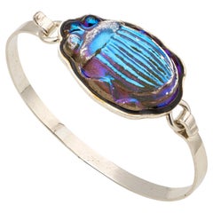 PONTIEL Egyptian Revival Iridescent Glass Scarab Sterling Silver Bracelet 