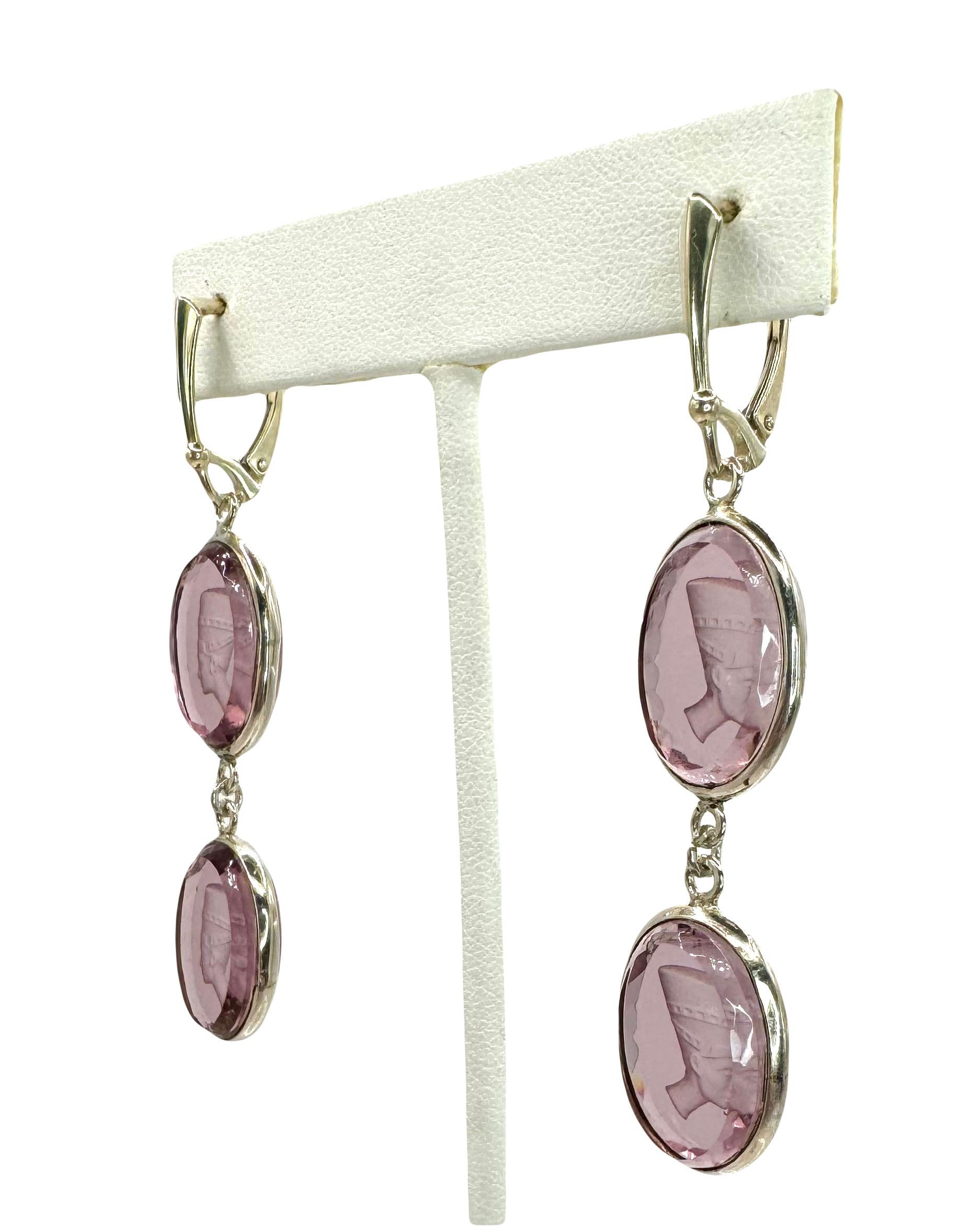 PONTIEL Egyptian Revival Nefertiti Intaglio Amethyst Glass Drop Earrings In New Condition In Houston, TX