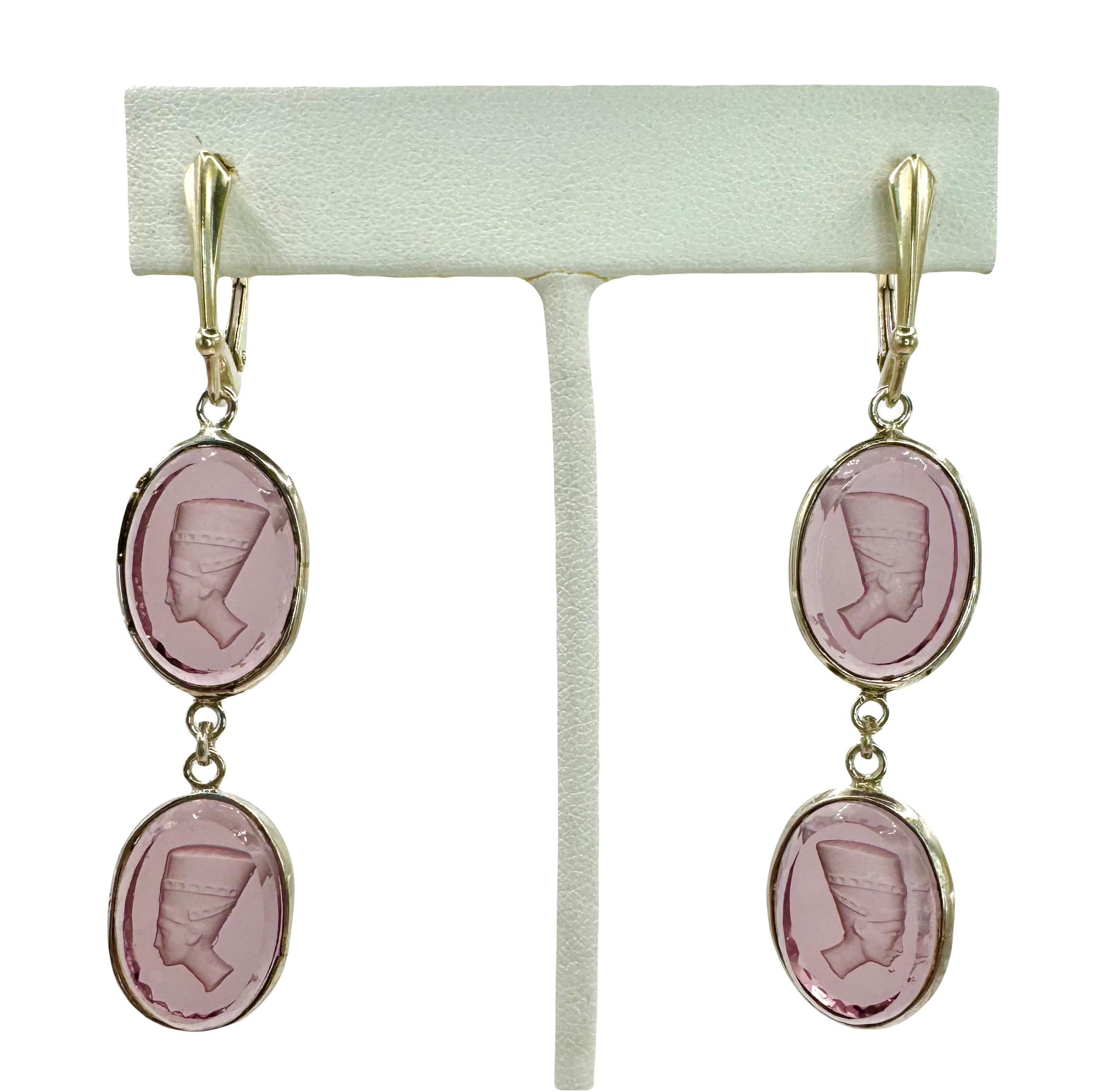 Women's or Men's PONTIEL Egyptian Revival Nefertiti Intaglio Amethyst Glass Drop Earrings