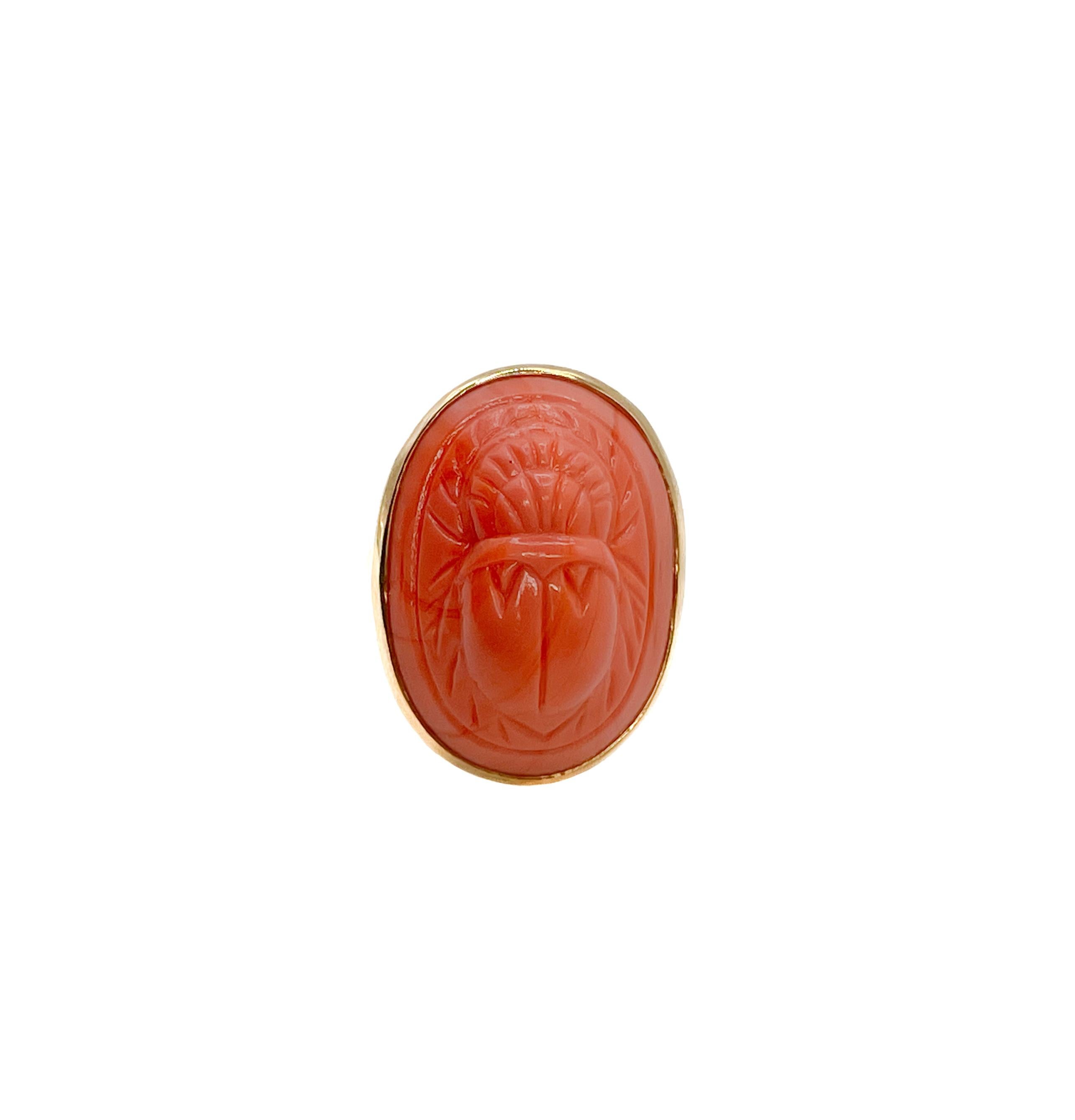 PONTIEL Egyptian Revival Orange Glass Scarab Vermeil Ring In New Condition For Sale In Houston, TX