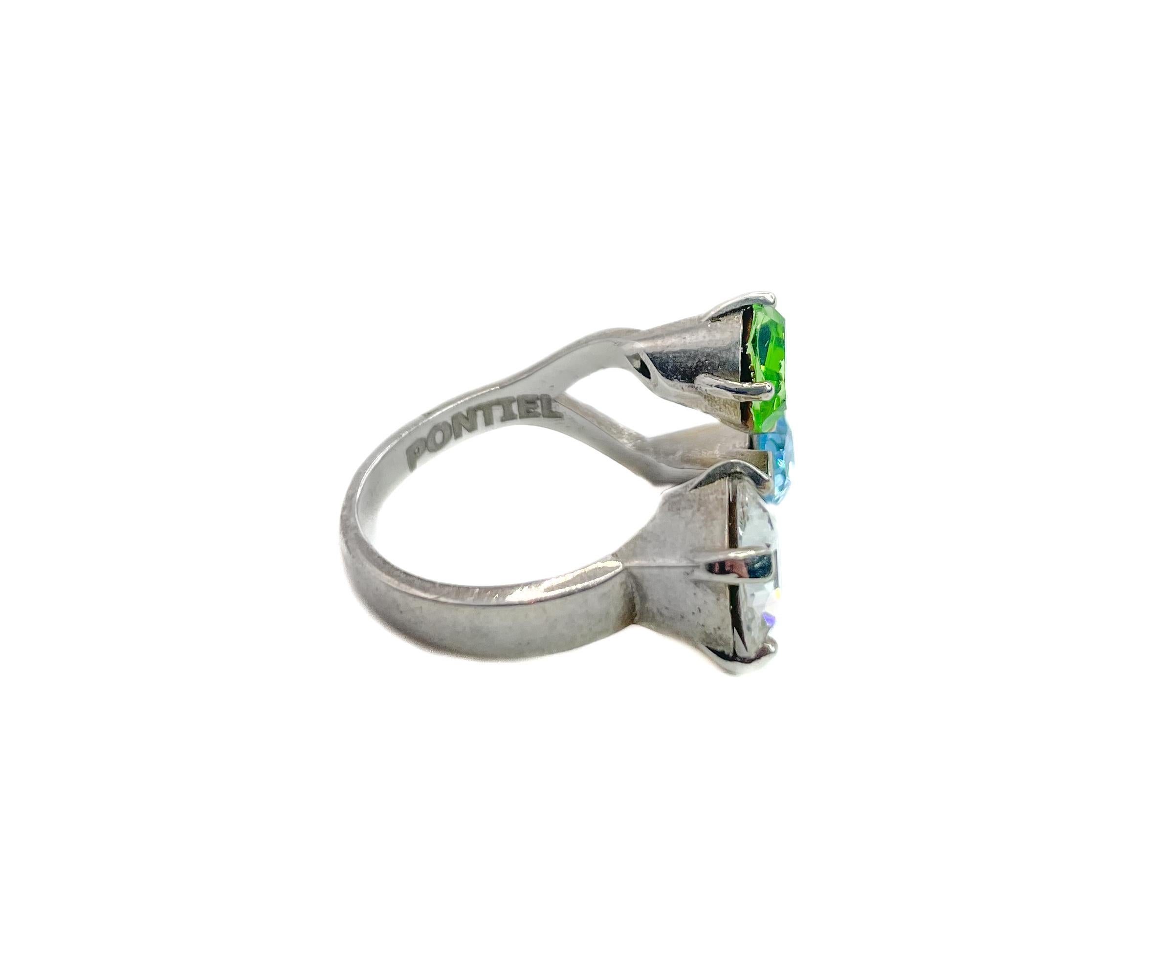 Contemporary PONTIEL Floating Trio Crystals in Clear, Aqua, and Peridot Anastasia Ring For Sale