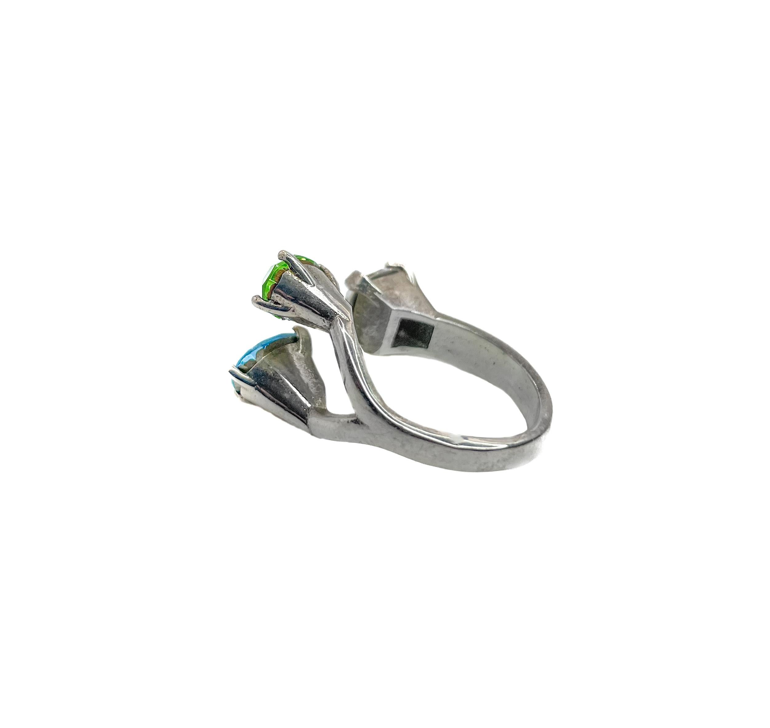 Mixed Cut PONTIEL Floating Trio Crystals in Clear, Aqua, and Peridot Anastasia Ring For Sale