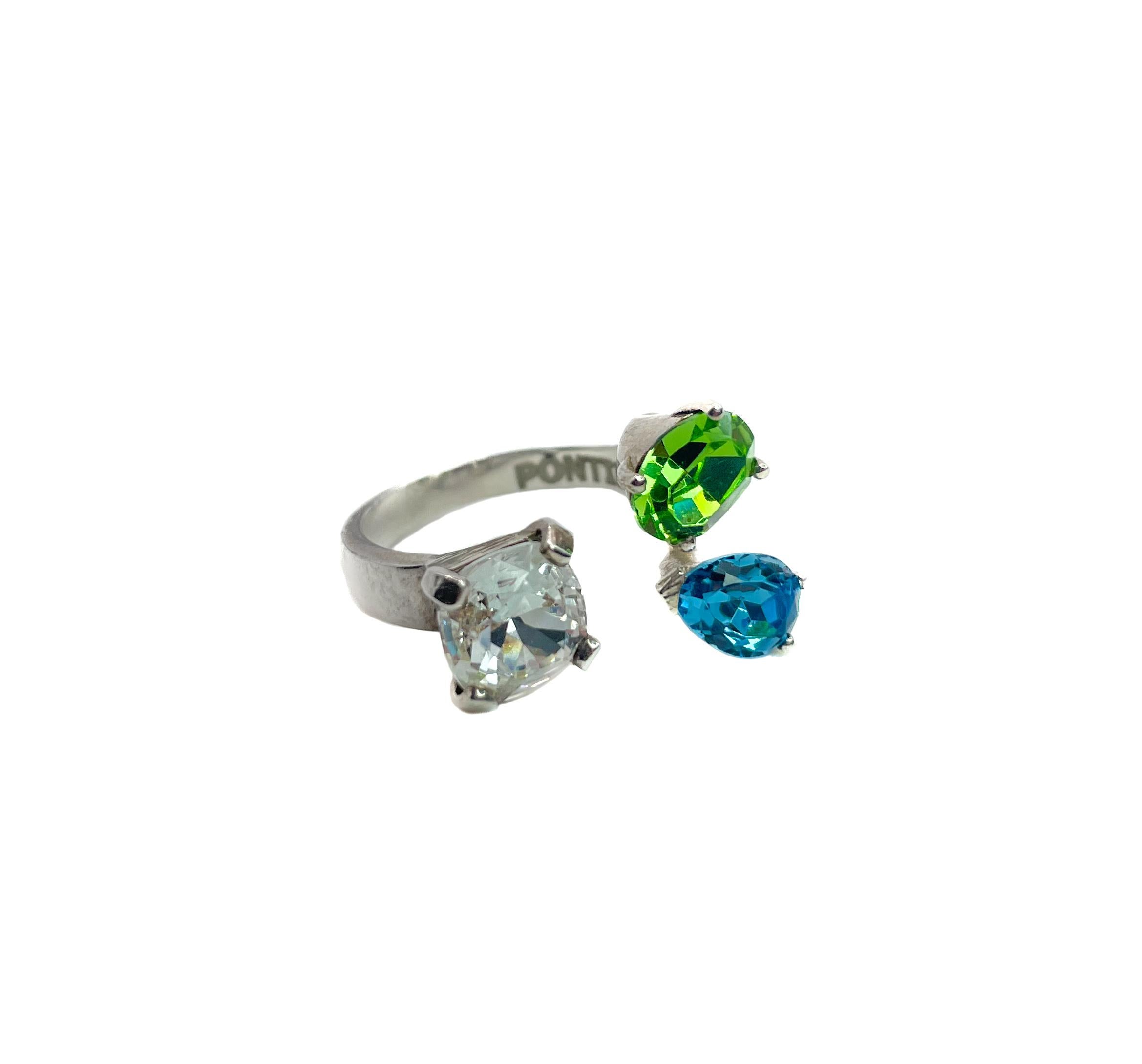 PONTIEL Floating Trio Crystals in Clear, Aqua, and Peridot Anastasia Ring In New Condition For Sale In Houston, TX