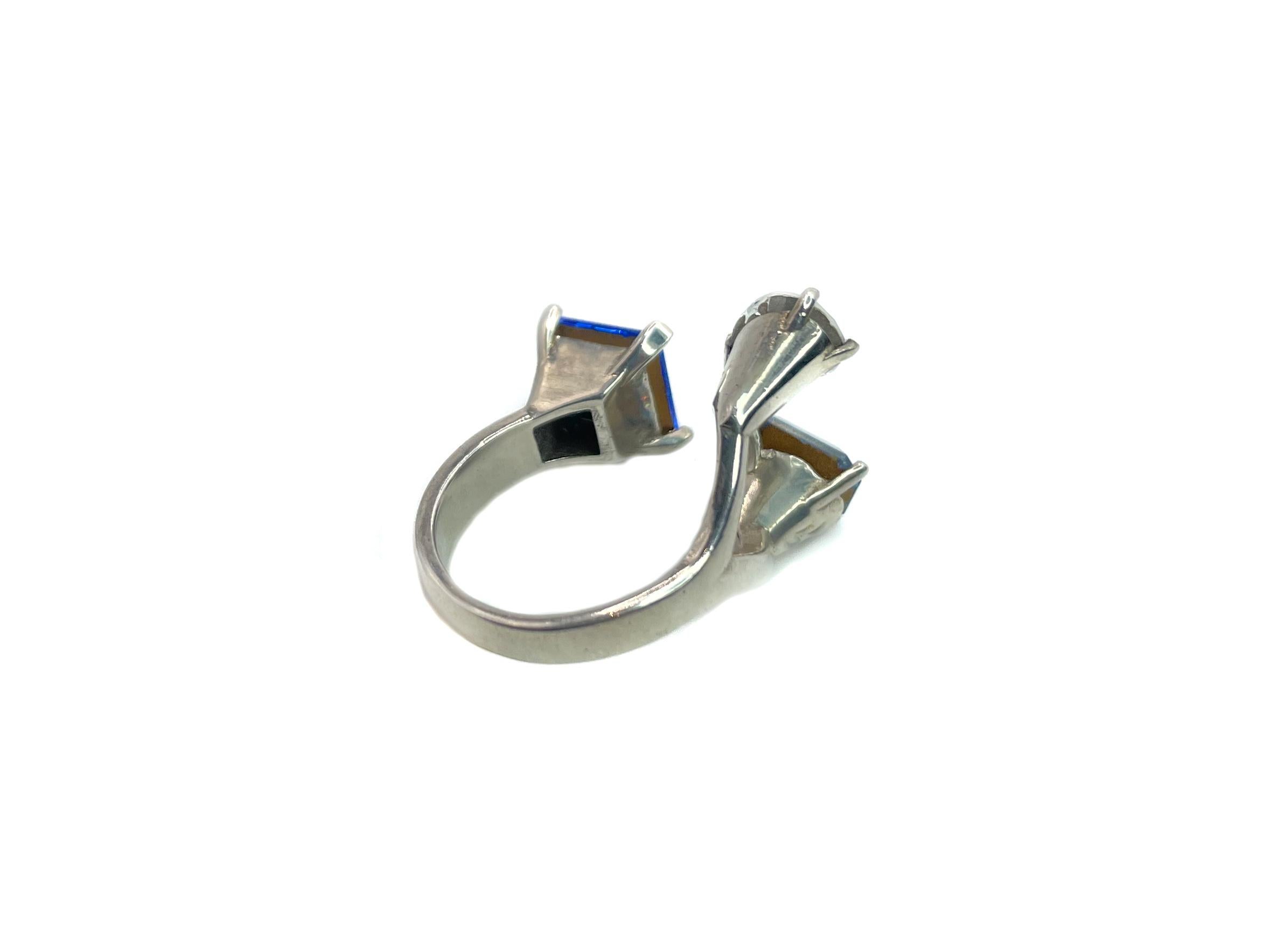 Mixed Cut PONTIEL Floating Trio Crystals in Sapphire, Lt. Sapphire, Crystal Anastasia Ring For Sale