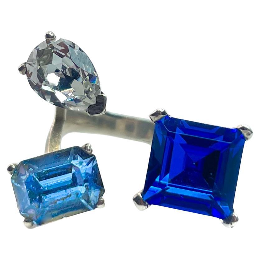 PONTIEL Floating Trio Crystals in Sapphire, Lt. Sapphire, Crystal Anastasia Ring For Sale