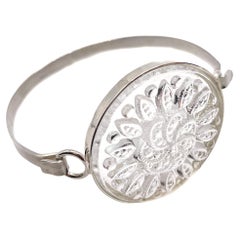 PONTIEL Round Camellia Motif Clear Glass with Sterling Silver Bracelet