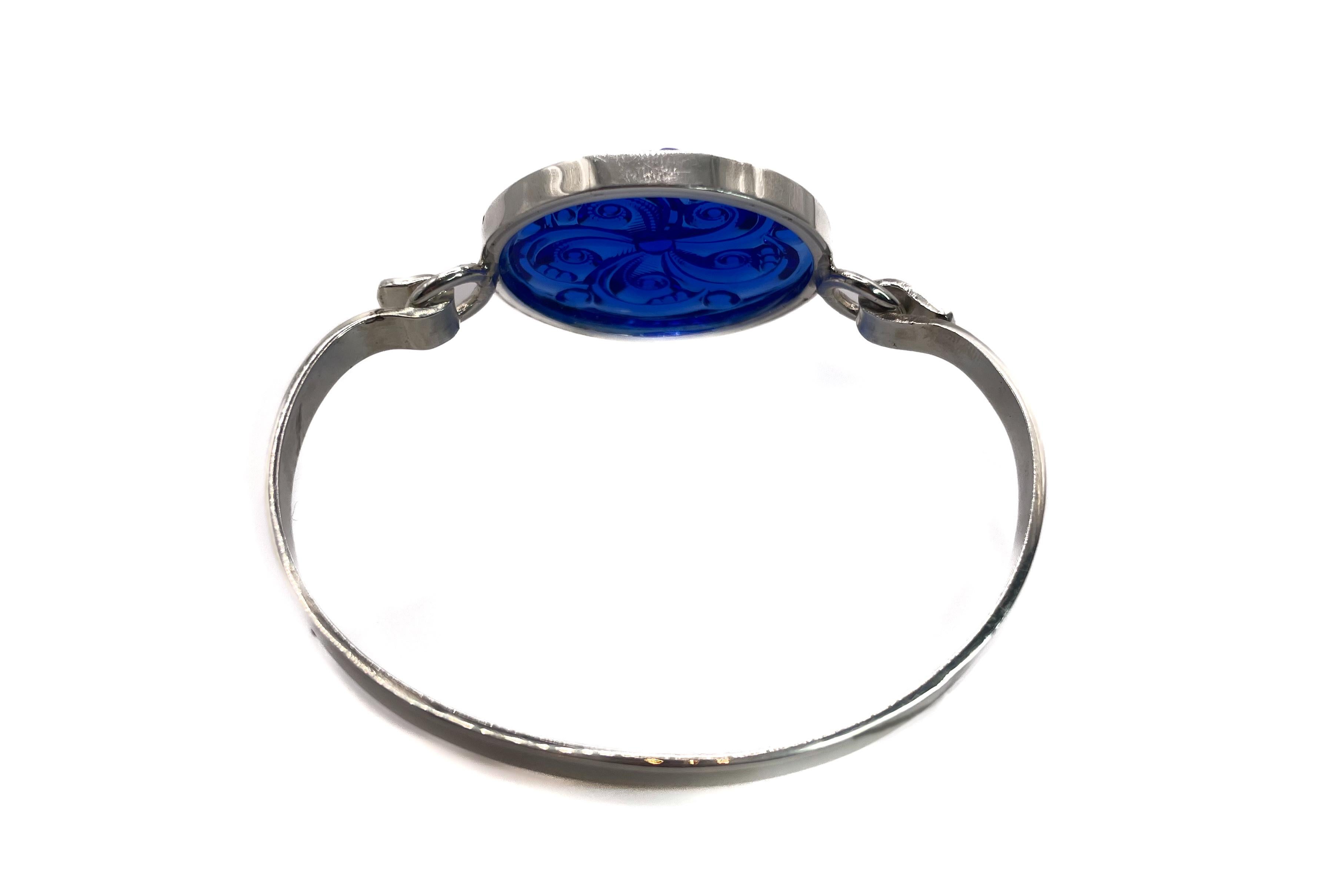 Victorian PONTIEL Round Swirl Motif Light Sapphire Glass with Sterling Silver Bracelet For Sale