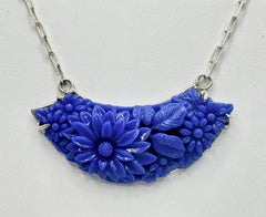 PONTIEL Vintage Blue Glass with Floral Motif in Crescent Shape Pendant Necklace