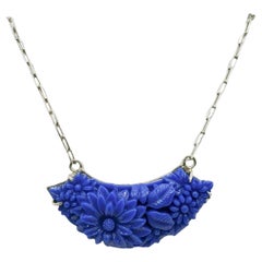 PONTIEL Vintage Blue Glass with Floral Motif in Crescent Shape Pendant Necklace