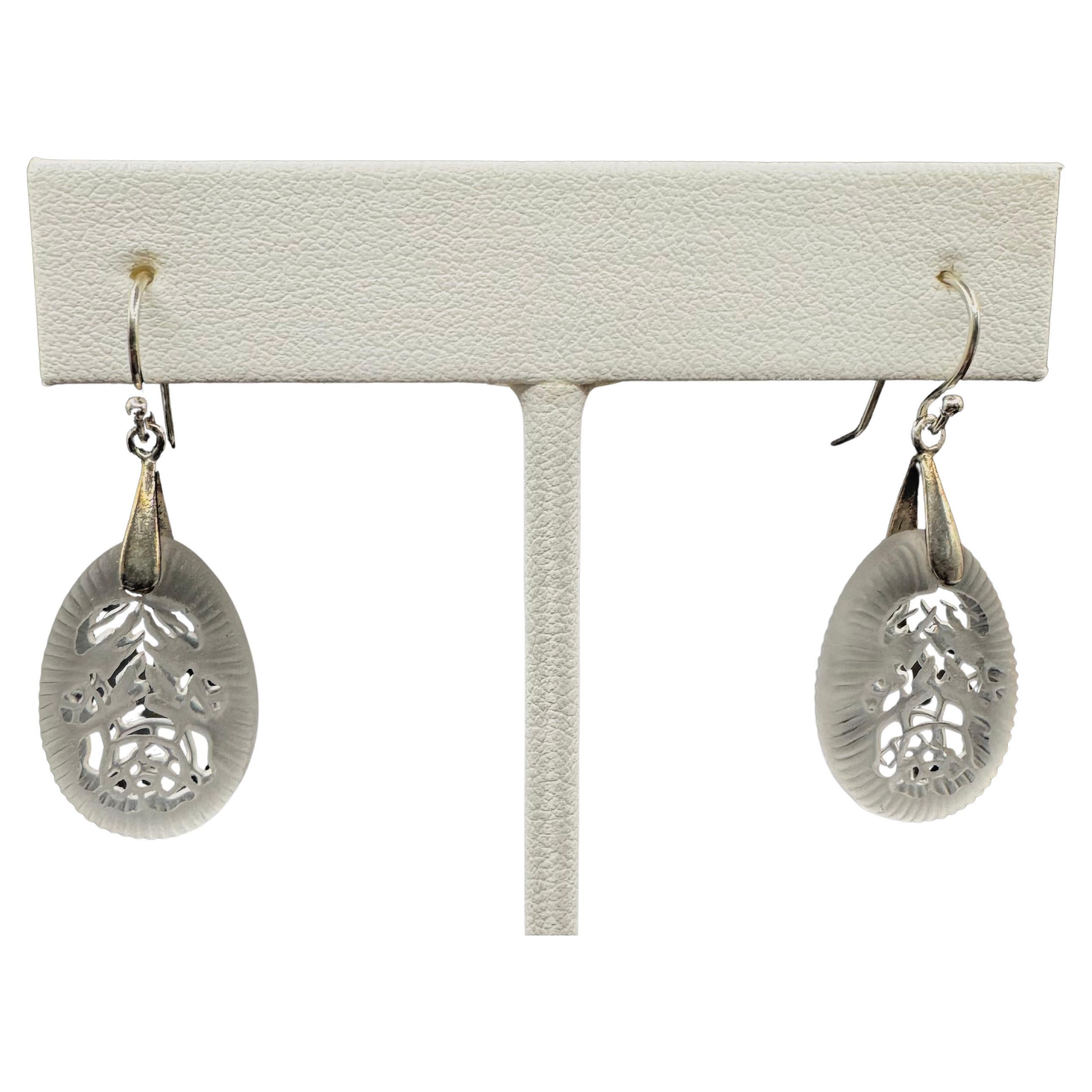 PONTIEL Vintage Czech Republic Etched Floral Frosted Glass Tear Drop Earrings For Sale