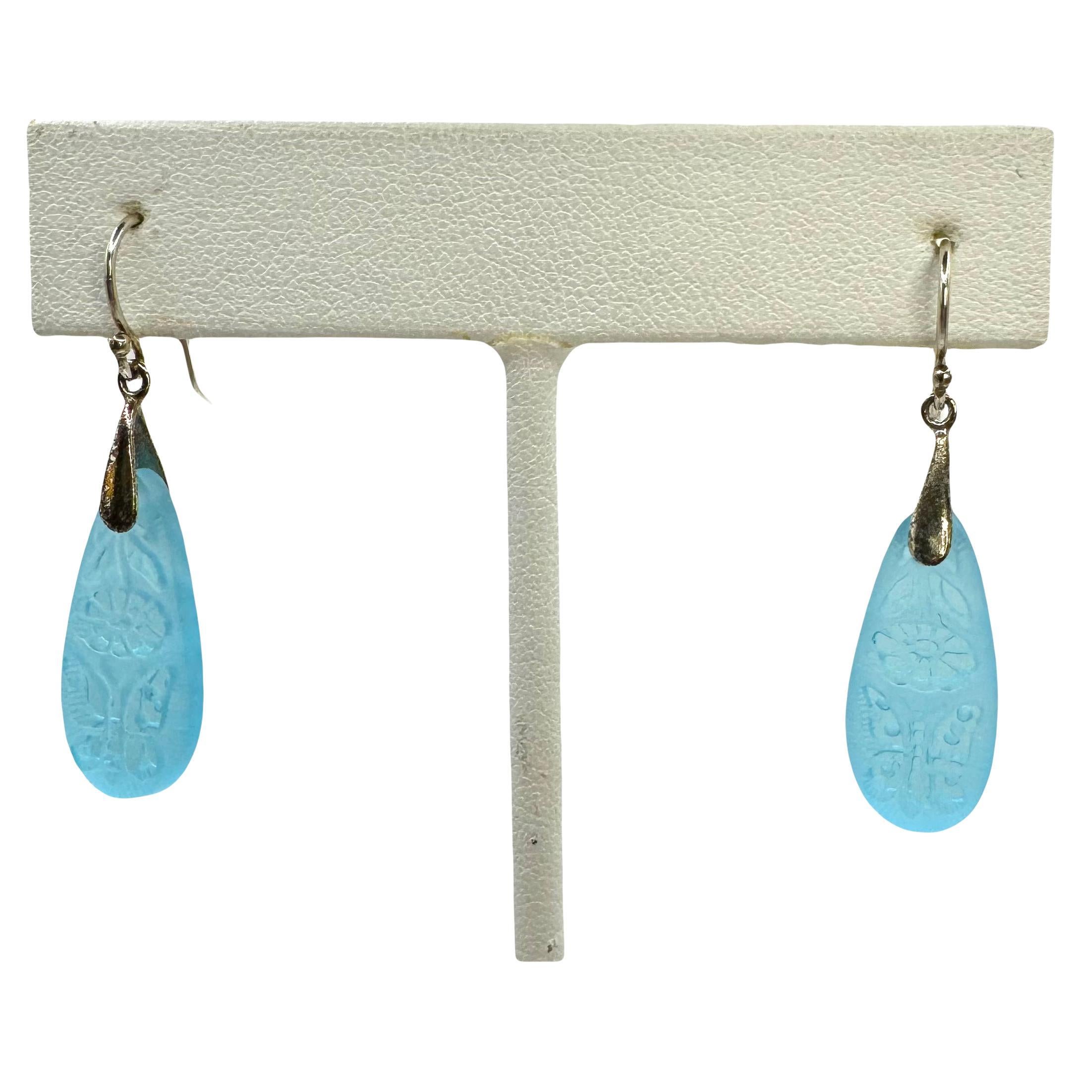 PONTIEL Vintage Czech Republic Etched Glass with Butterfly and Flower Earrings For Sale