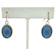 PONTIEL Vintage Czech Republic Molded Sapphire Glass Flower Petal Drop Earrings