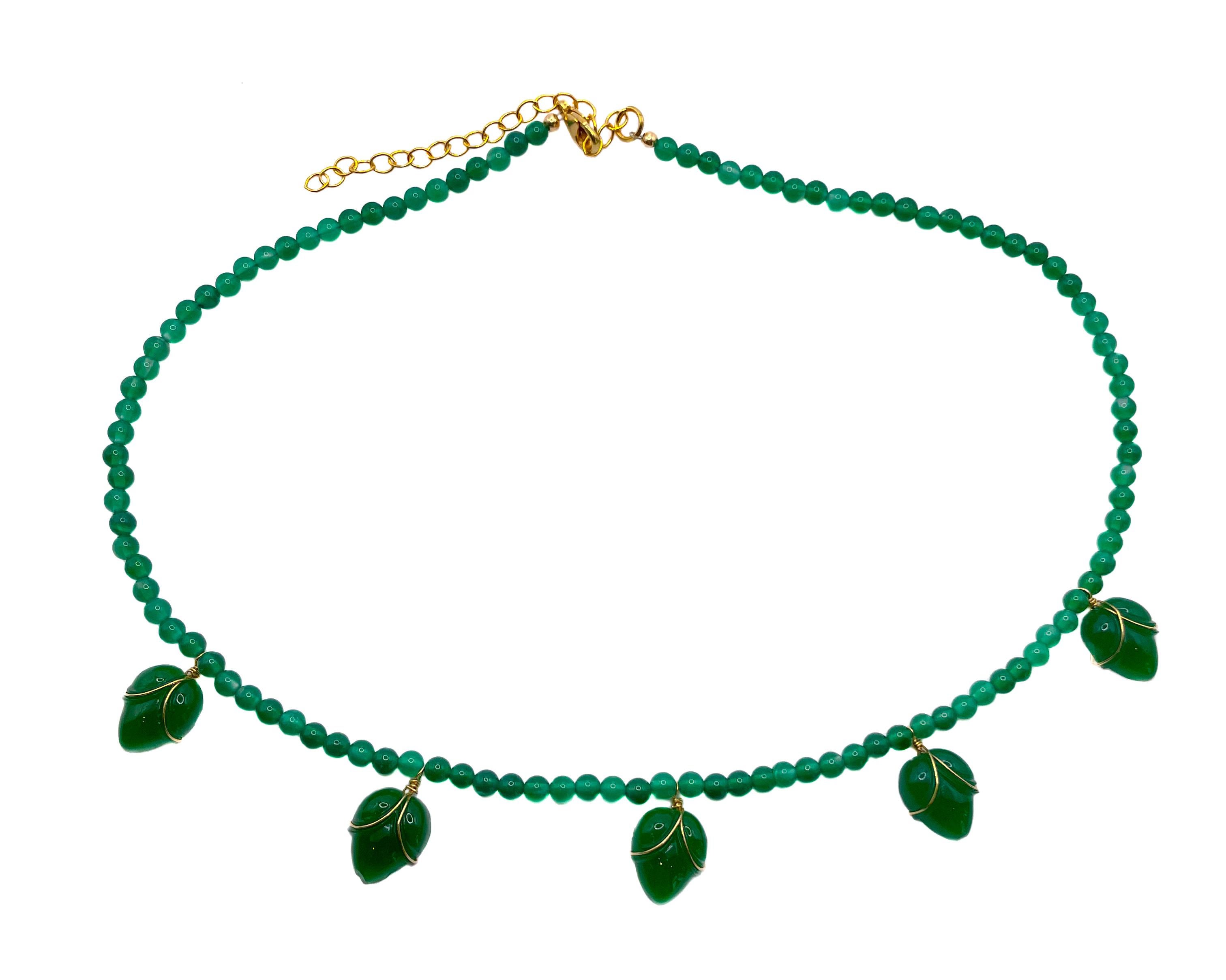 Women's or Men's PONTIEL Vintage Glass Flower Buds and Jade Beads with Gold Fill Avalon Necklace For Sale