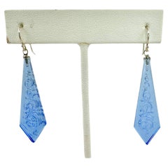 PONTIEL Vintage Light Sapphire Czech Republic Etched Glass Drop Earrings
