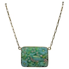PONTIEL Vintage Molded Jade Glass with Bird Motif on Gold-Fill Chain Necklace