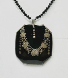 PONTIEL Wiener Werkstätte Style Black Glass w/ Hand Painted Flowers Necklace