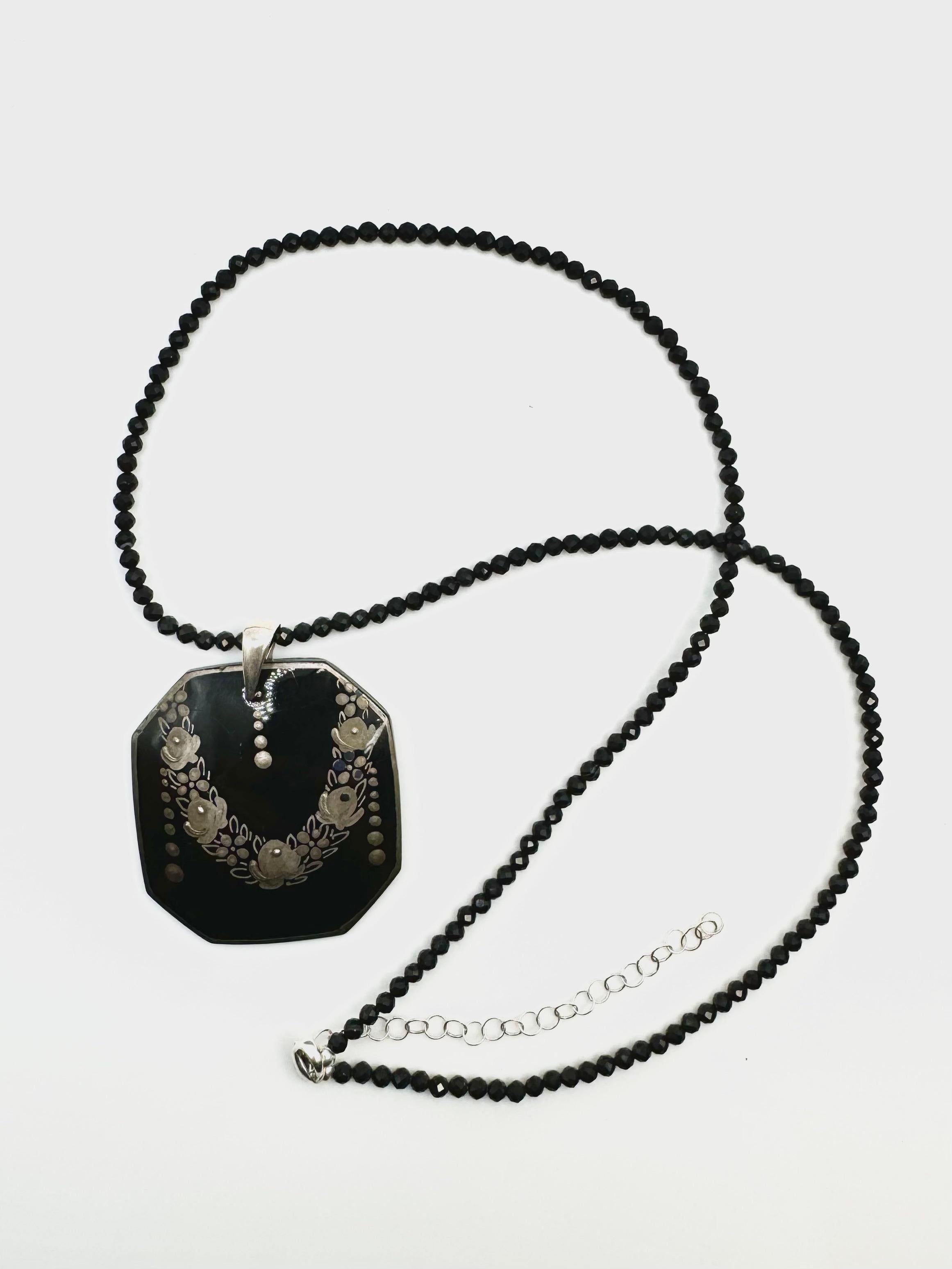 Art Nouveau PONTIEL Wiener Werkstätte Style Black Glass w/ Hand Painted Flowers Necklace For Sale