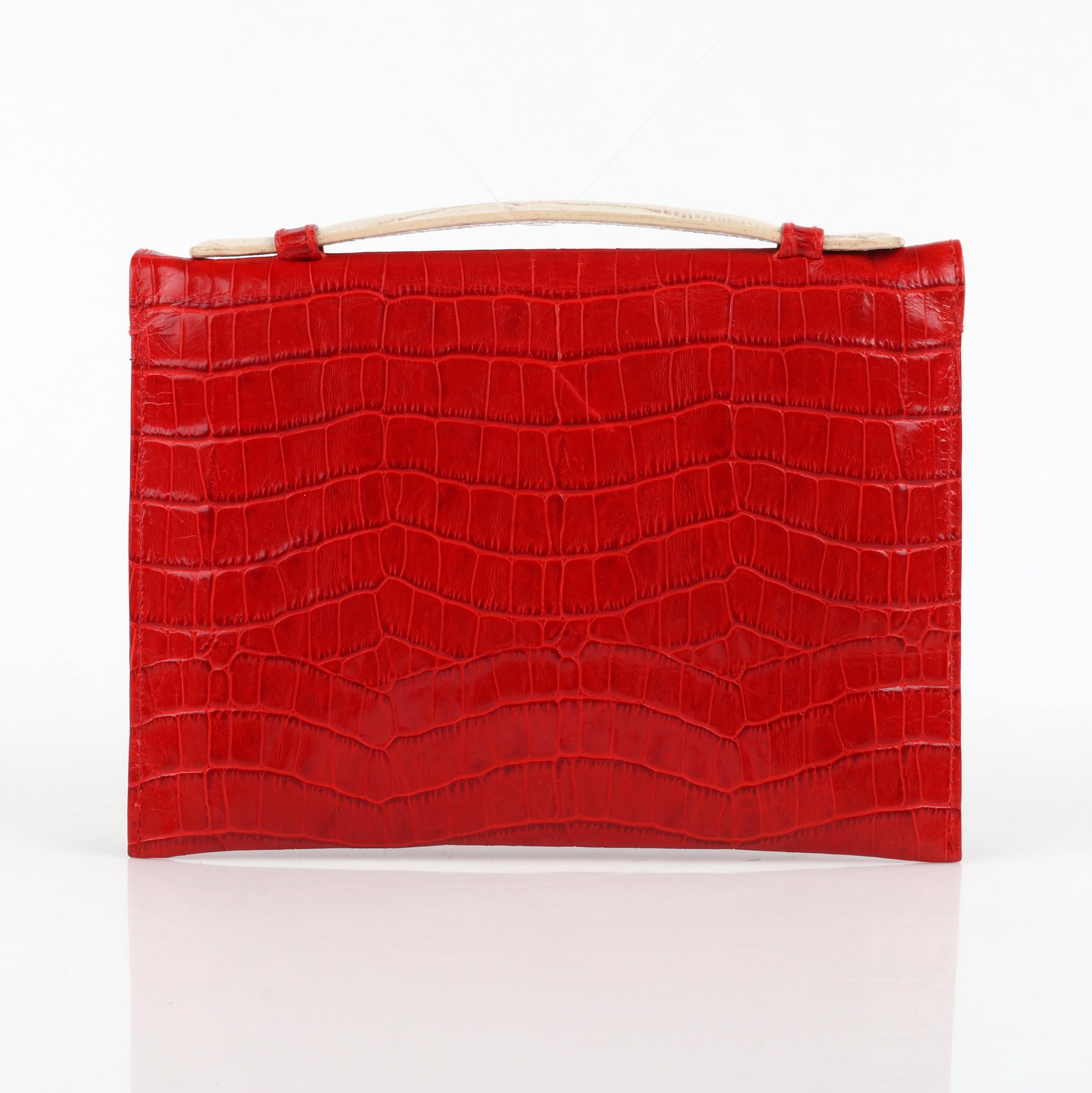 PONTINE PAUS c. 2008 Red Ivory Crocodile Leather Flap Fold Clutch Purse Bag RARE In Good Condition For Sale In Thiensville, WI