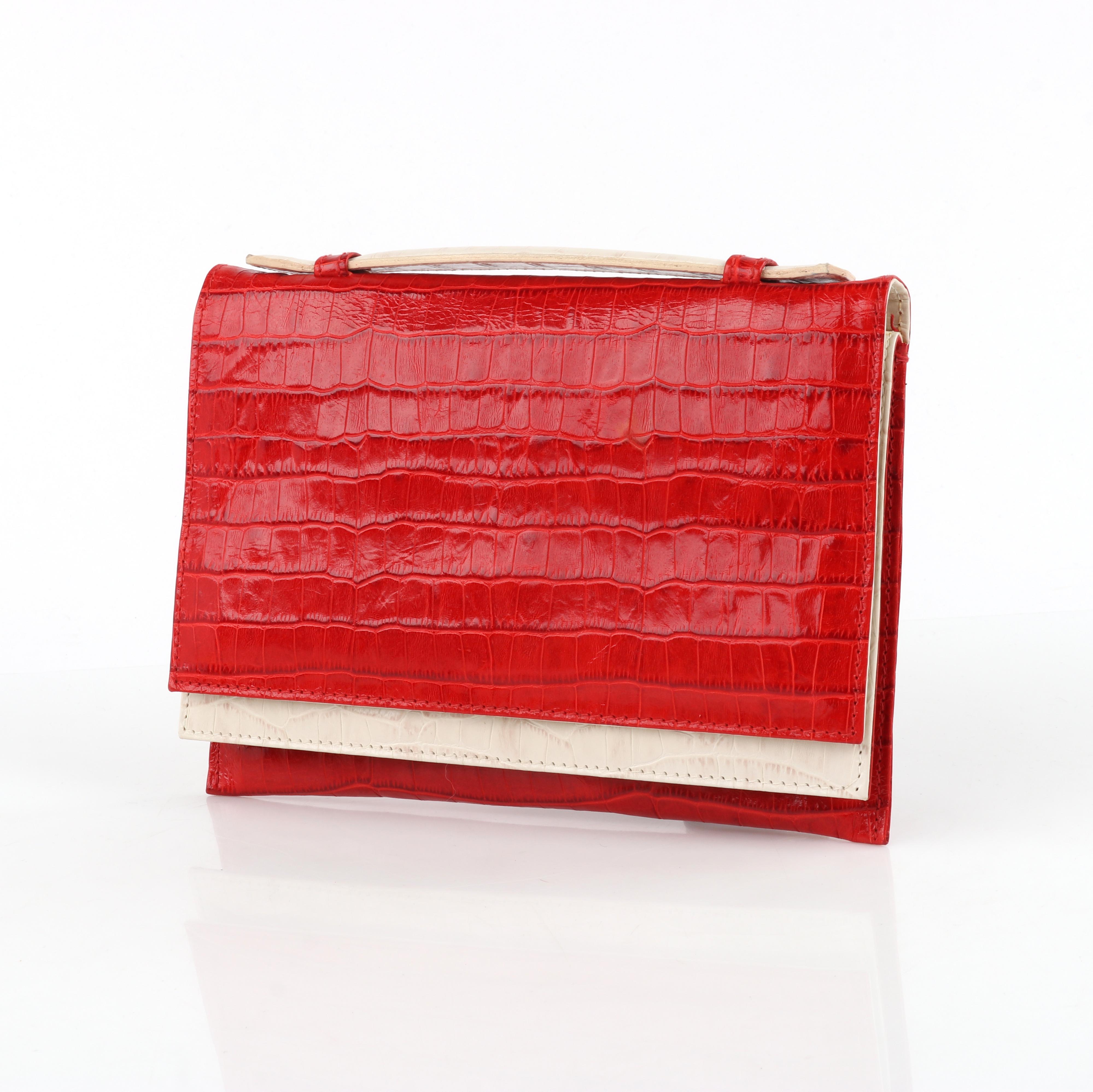 PONTINE PAUS c. 2008 Red Ivory Crocodile Leather Flap Fold Clutch Purse Bag RARE For Sale 2