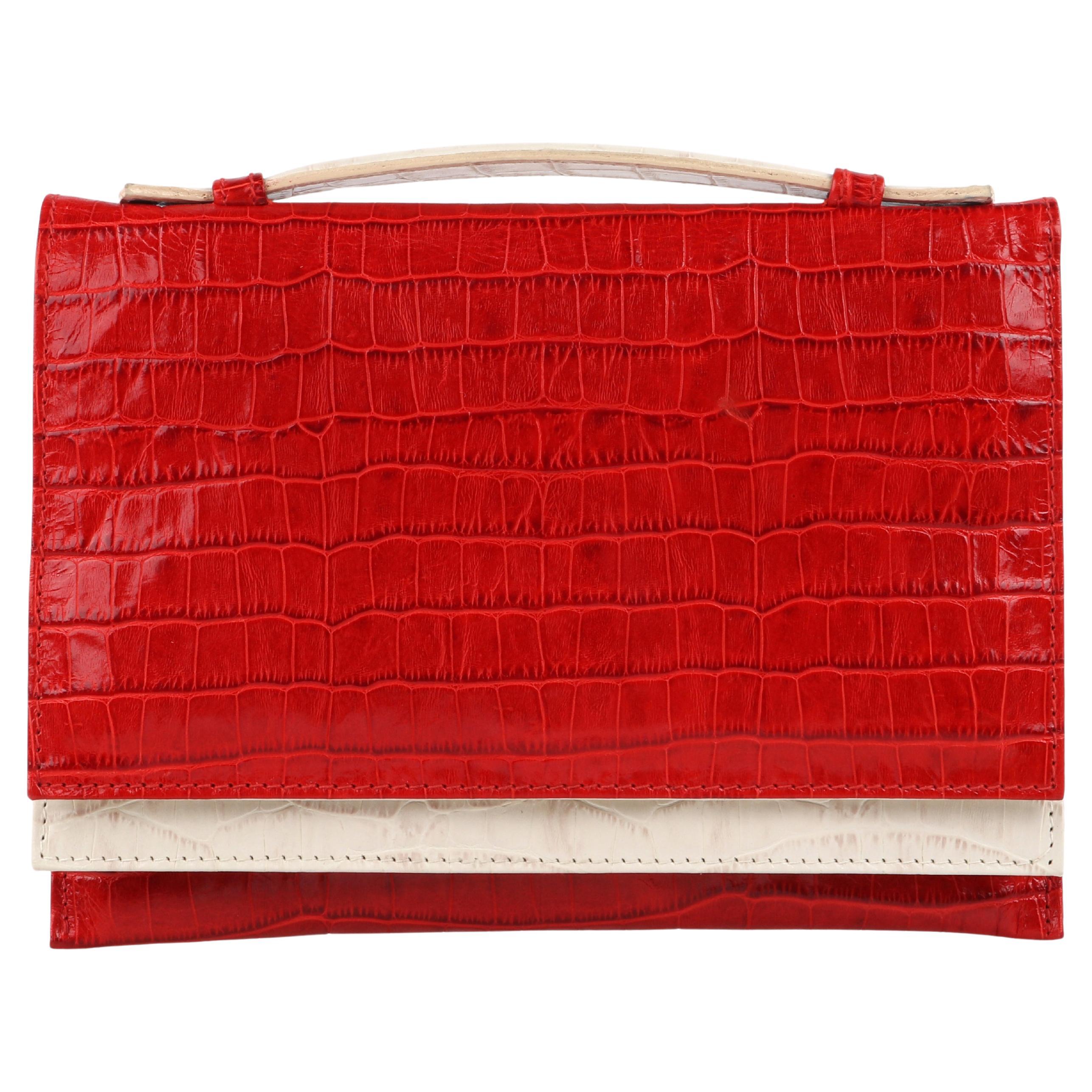 PONTINE PAUS c. 2008 Red Ivory Crocodile Leather Flap Fold Clutch Purse Bag RARE For Sale