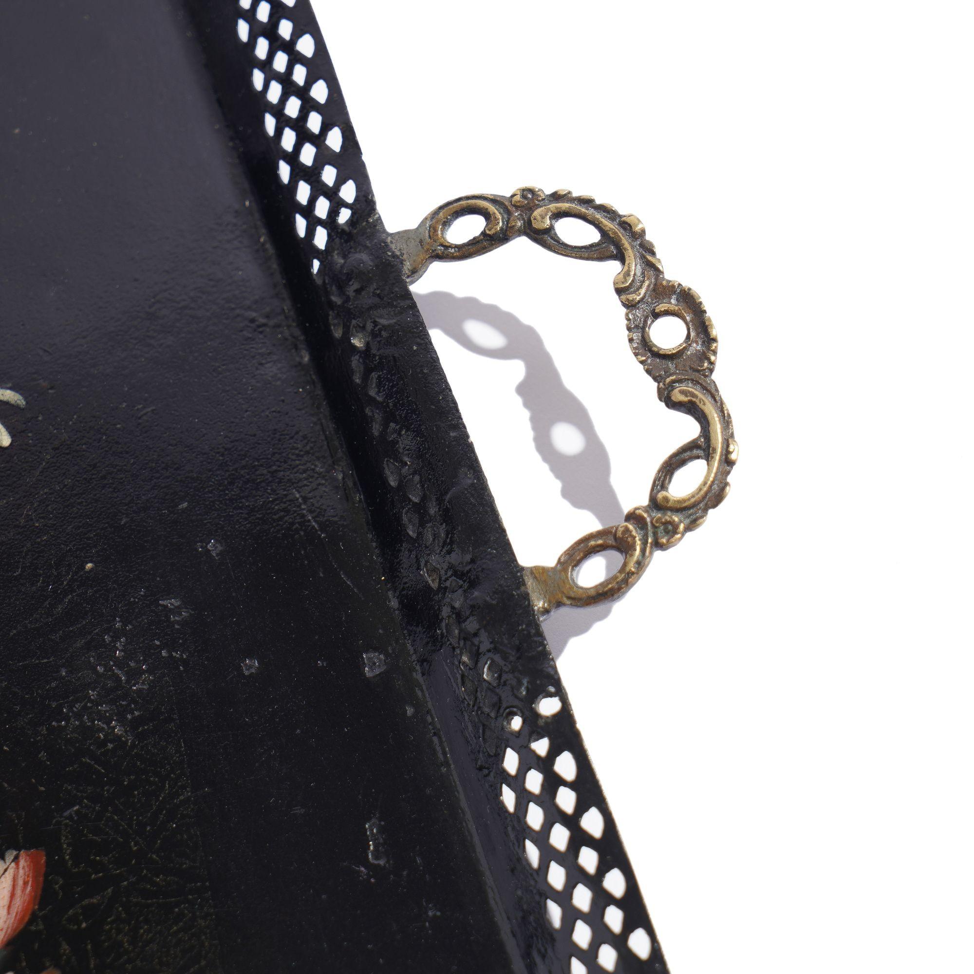 Brass Pontypool tole tray with reticulated rim & brass handles, c. 1780