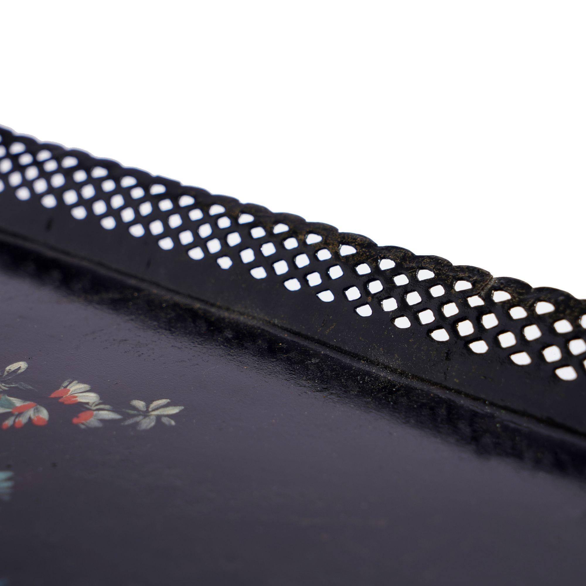 Pontypool tole tray with reticulated rim & brass handles, c. 1780 1
