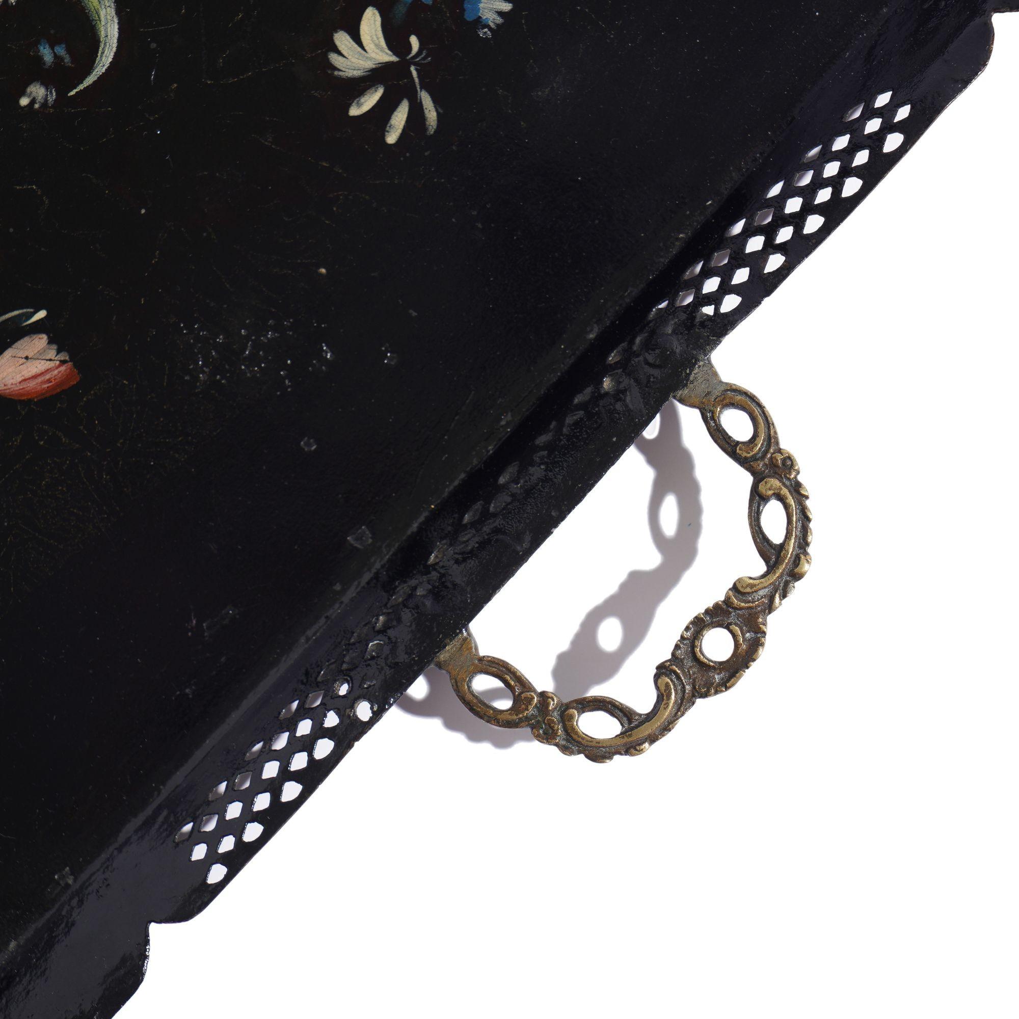 Pontypool tole tray with reticulated rim & brass handles, c. 1780 2