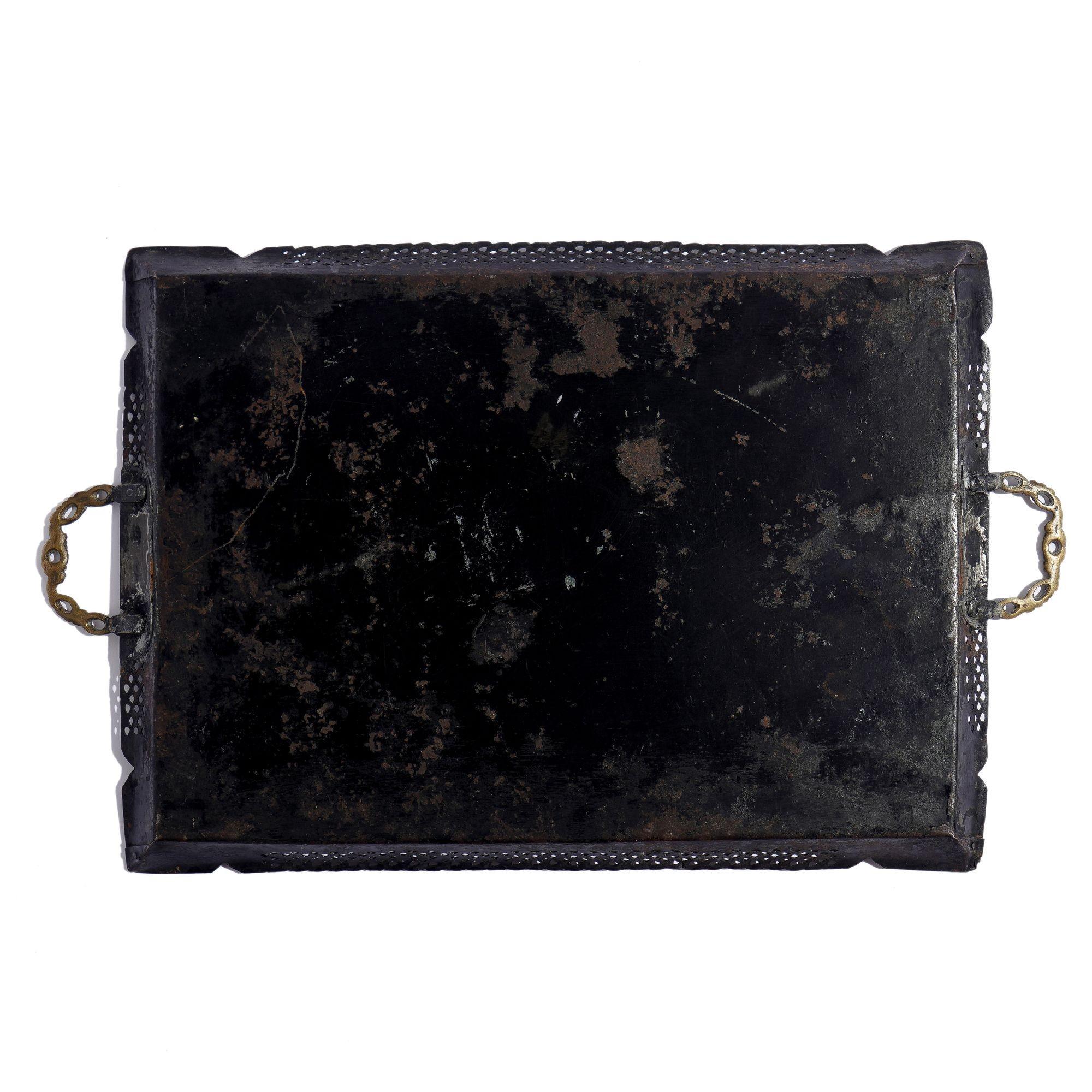 Pontypool tole tray with reticulated rim & brass handles, c. 1780 3