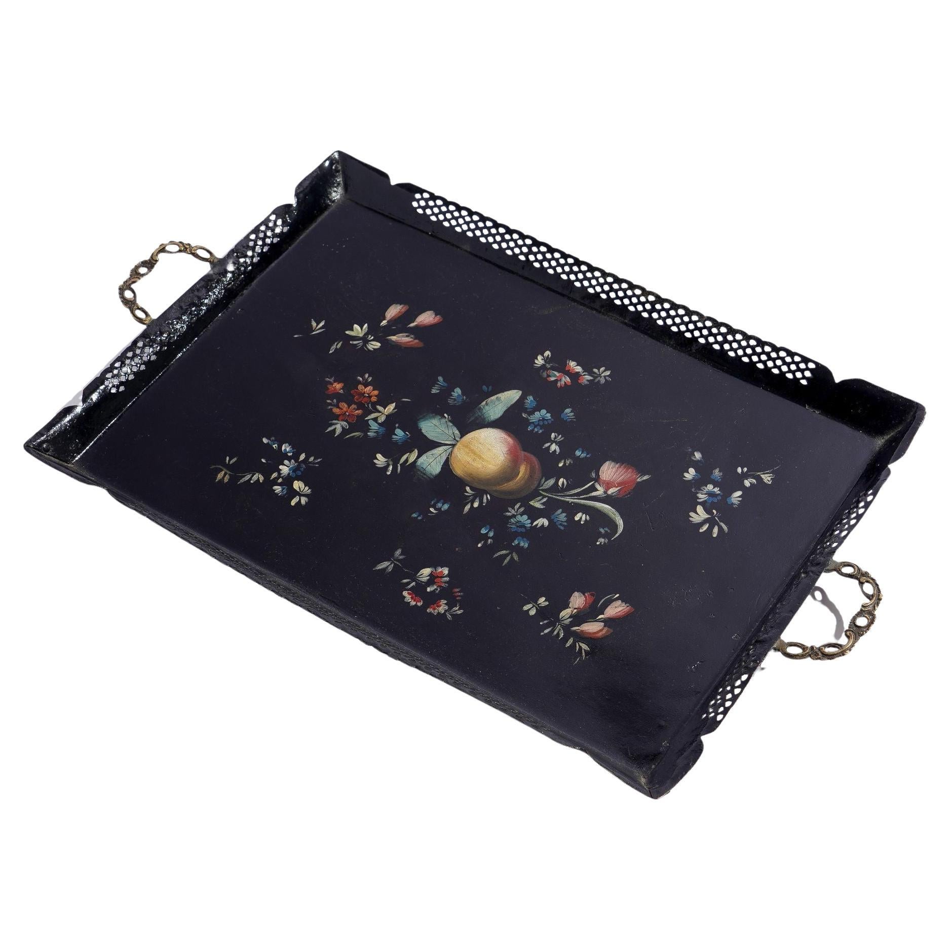 Pontypool tole tray with reticulated rim & brass handles, c. 1780