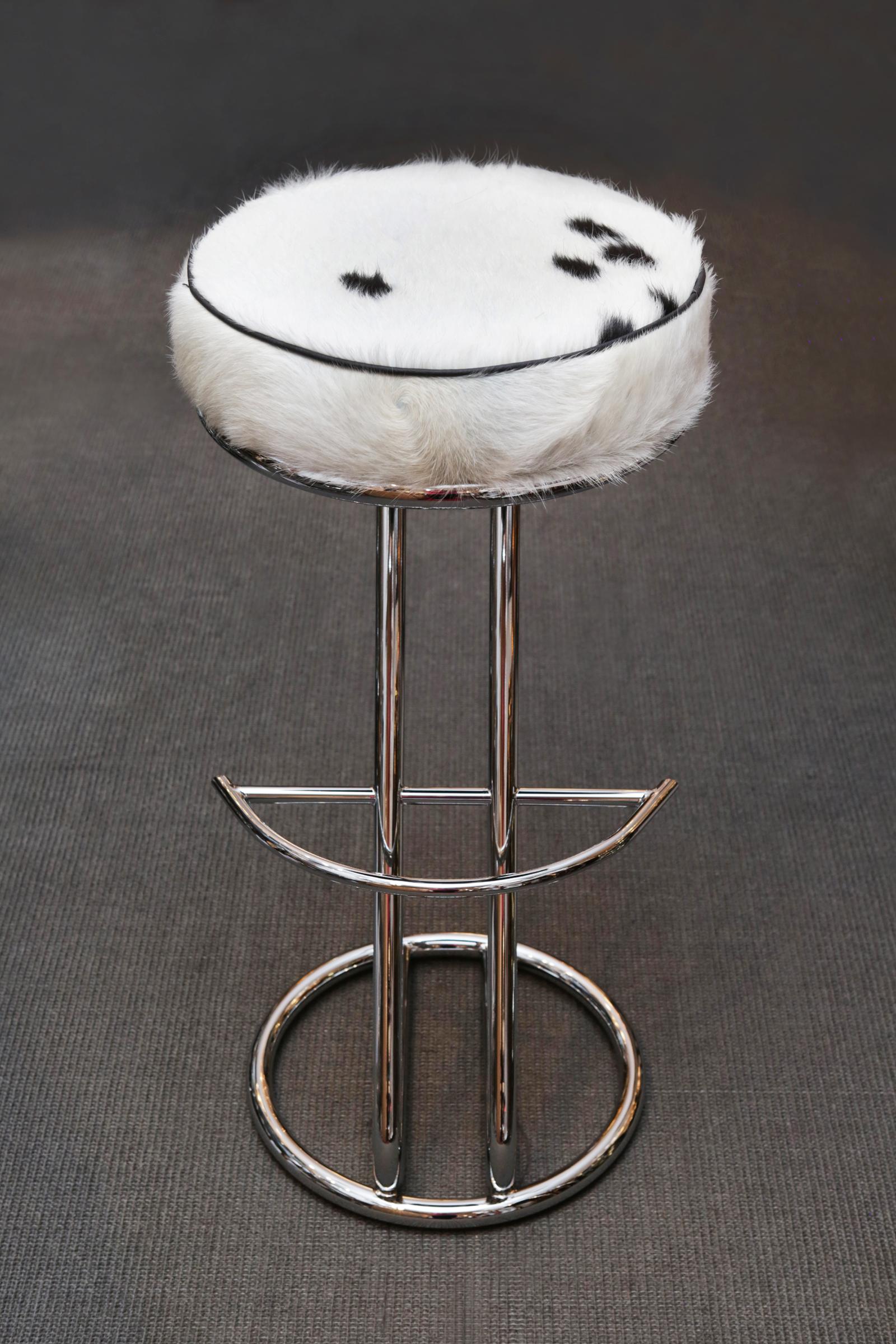 Hand-Crafted Pony A Bar Stool with Polished Stainless Steel Base For Sale