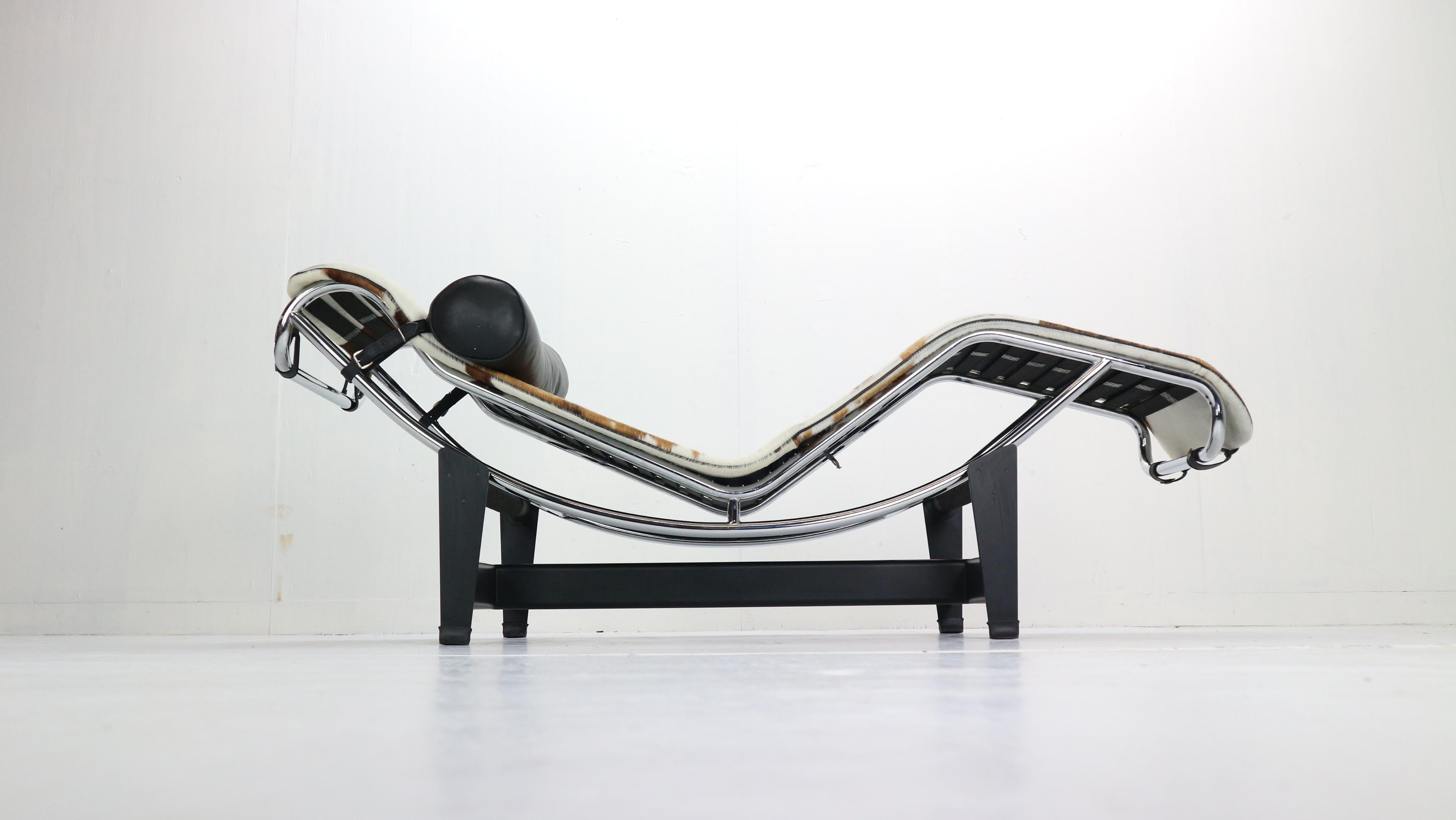 Italian Pony Leather and Steel Chaise Lounge Chair in a Style of LC4 by Cassina, 1970s