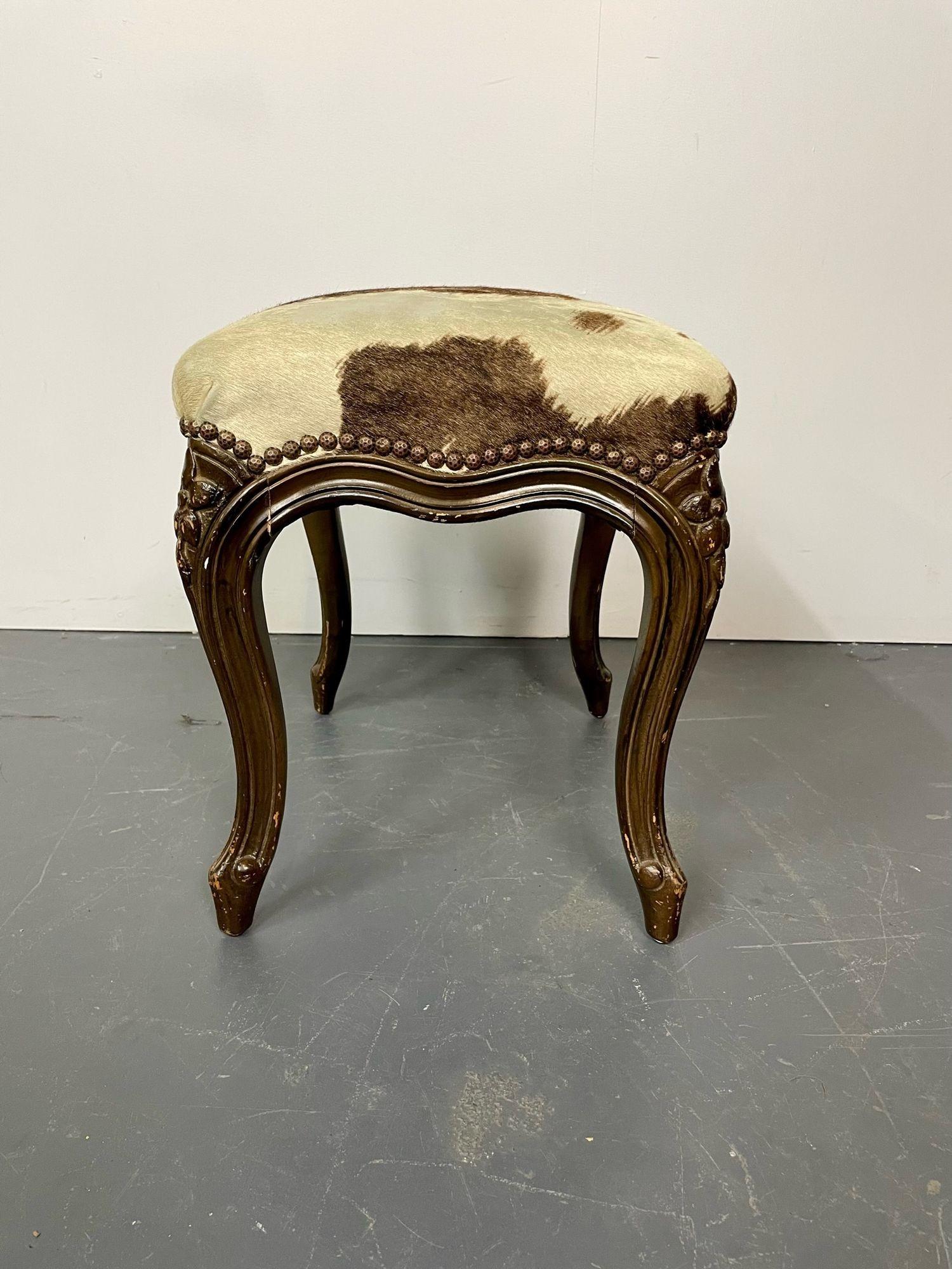 Louis XV Pony Skin Upholstered, Bench or Foot Stool with Brass Tack Detailing For Sale