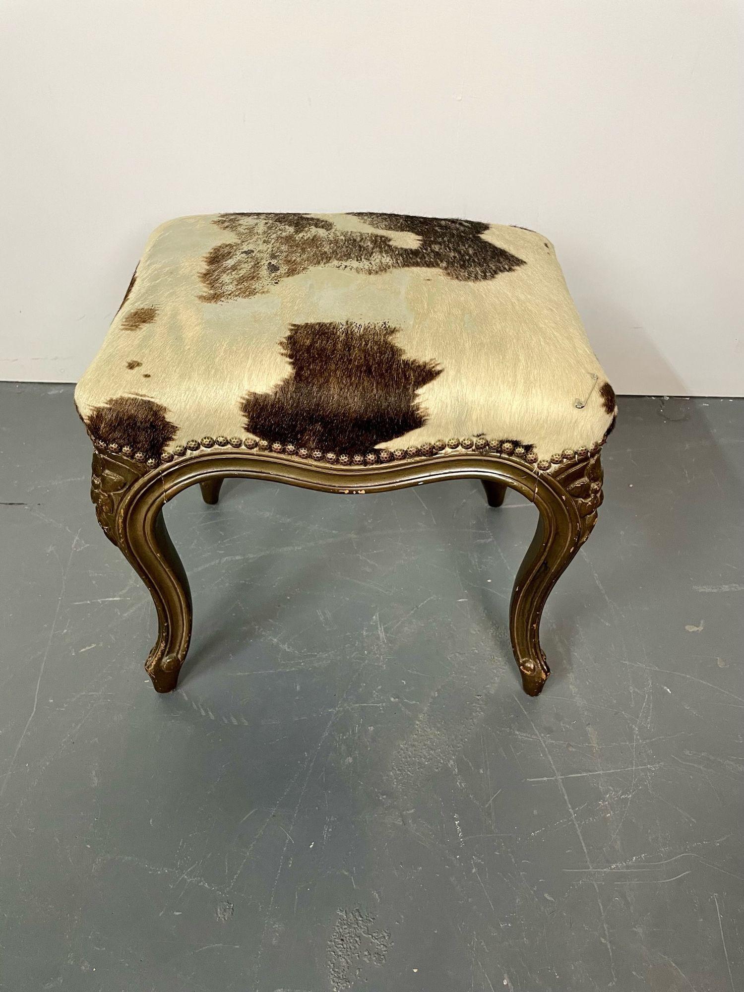 French Pony Skin Upholstered, Bench or Foot Stool with Brass Tack Detailing For Sale
