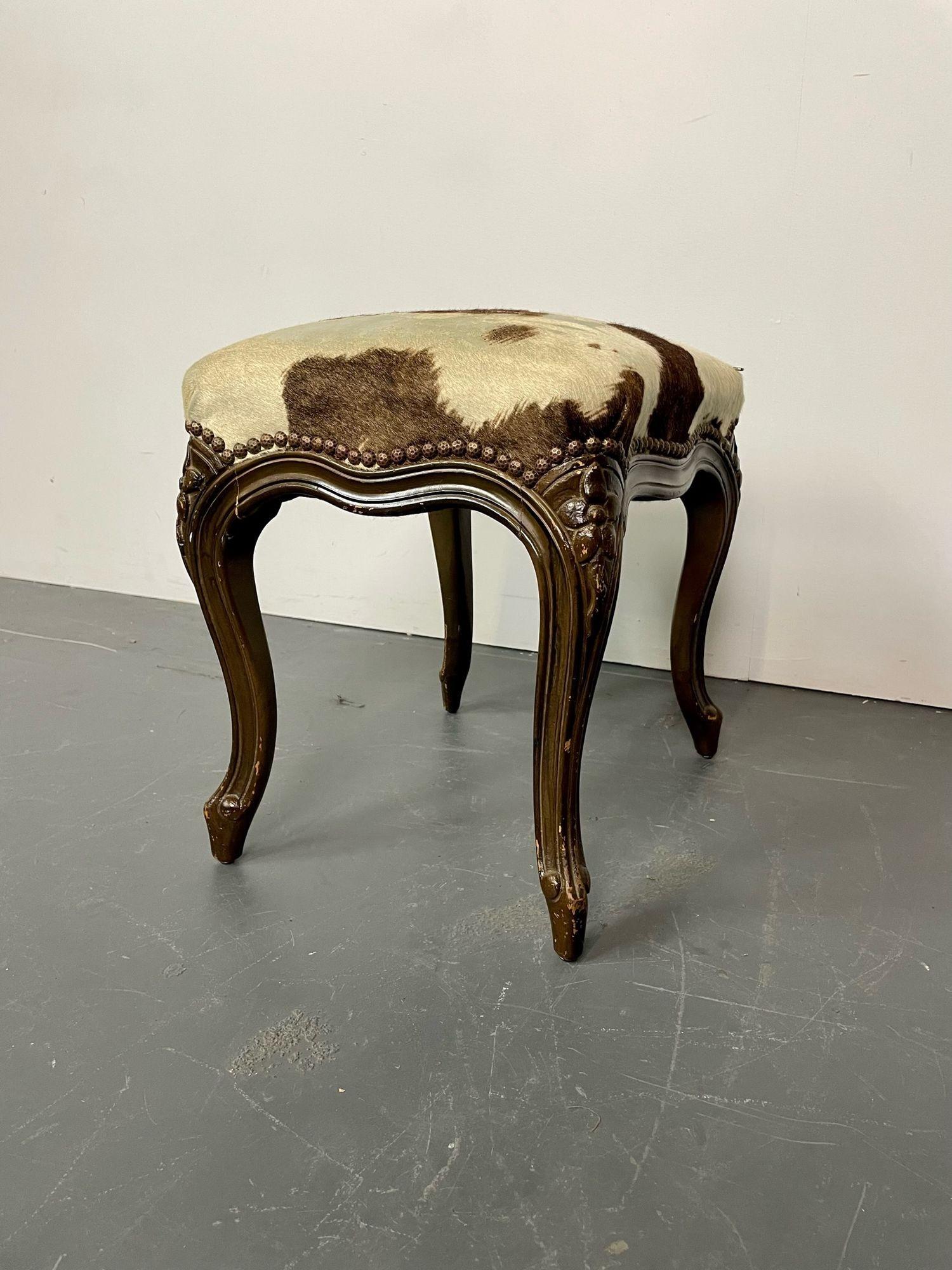 Pony Skin Upholstered, Bench or Foot Stool with Brass Tack Detailing In Good Condition For Sale In Stamford, CT