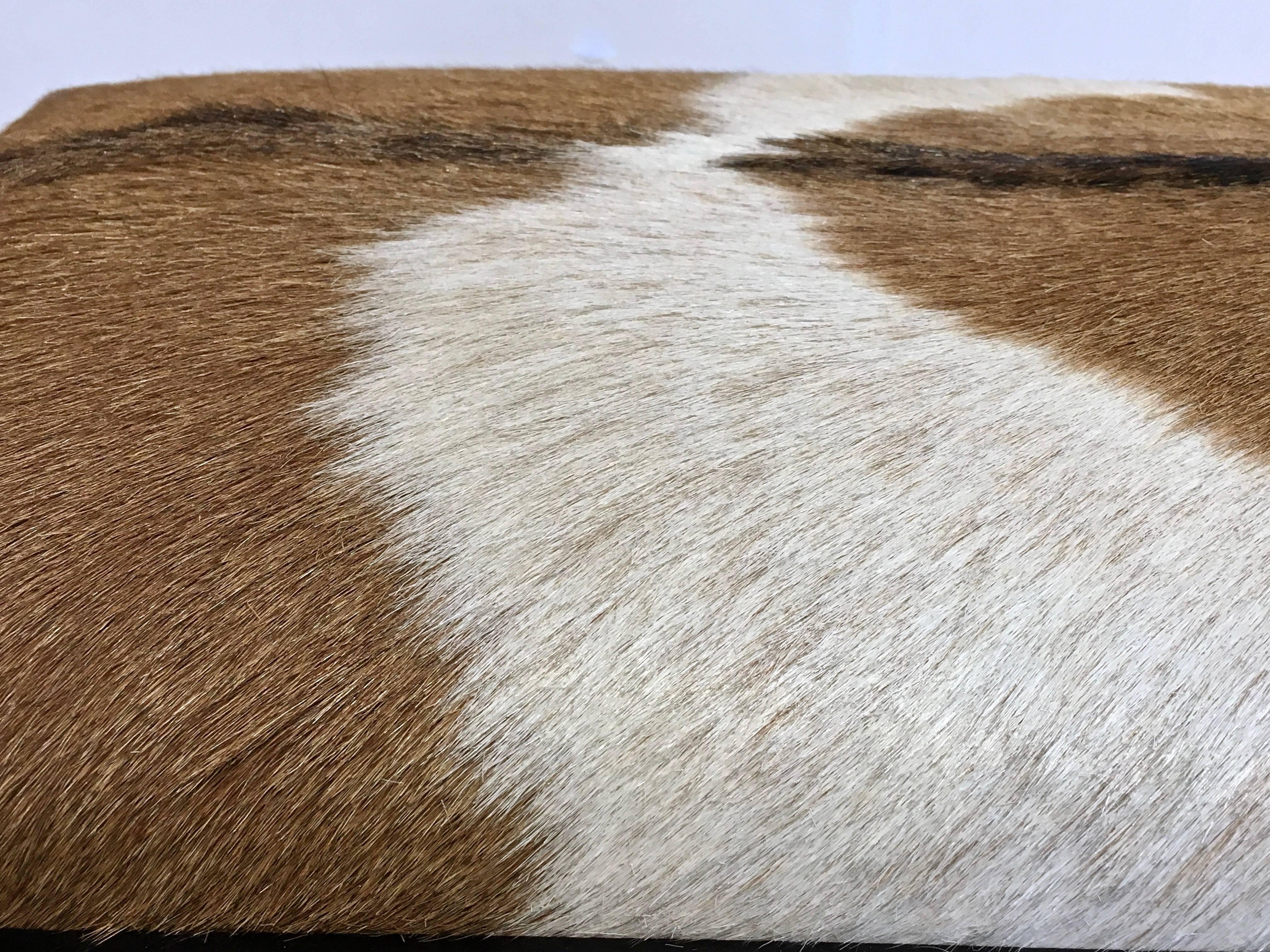 Pony Skin Upholstered Hide Bench with Saber Legs For Sale 4