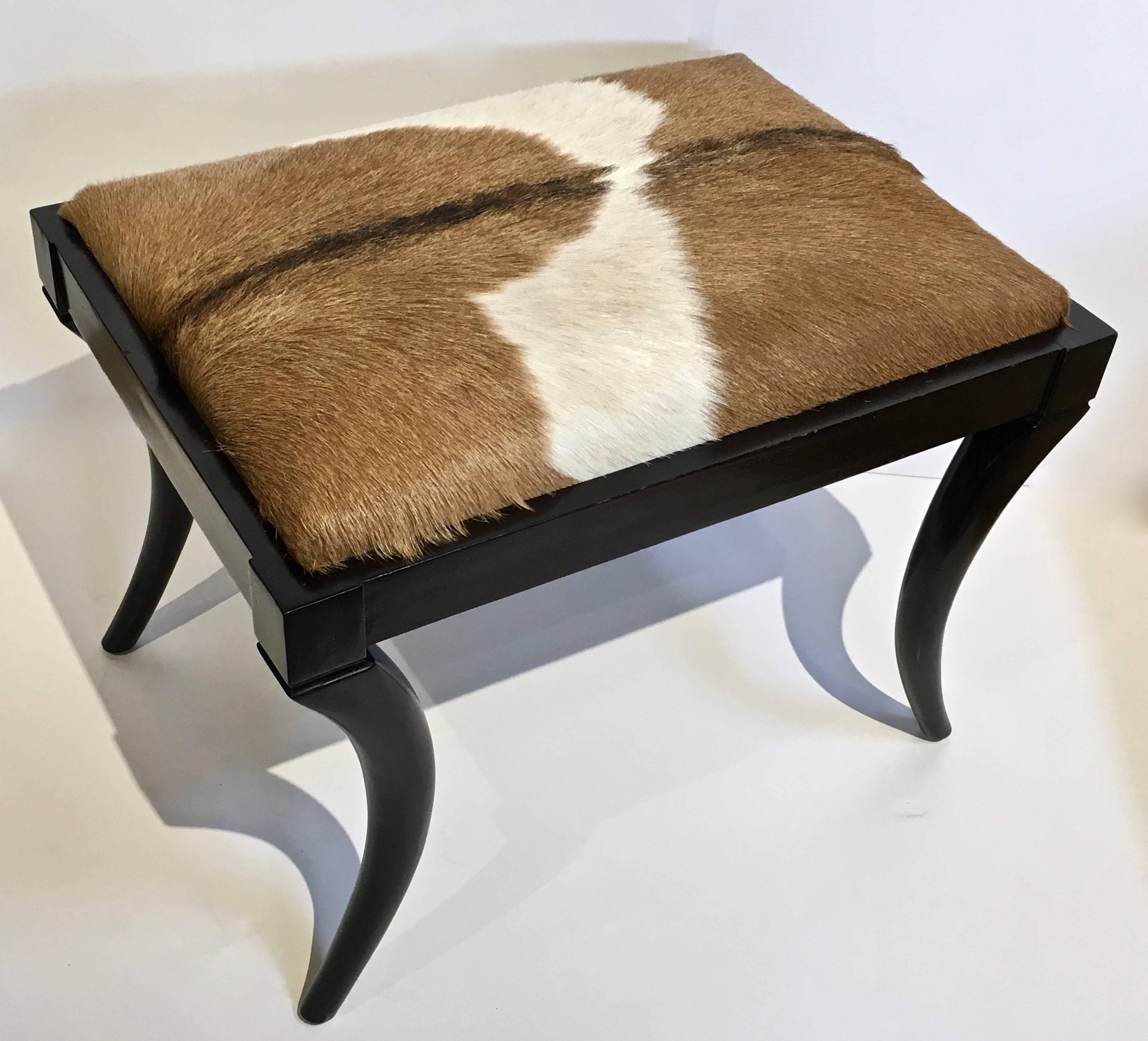 Unknown Pony Skin Upholstered Hide Bench with Saber Legs For Sale