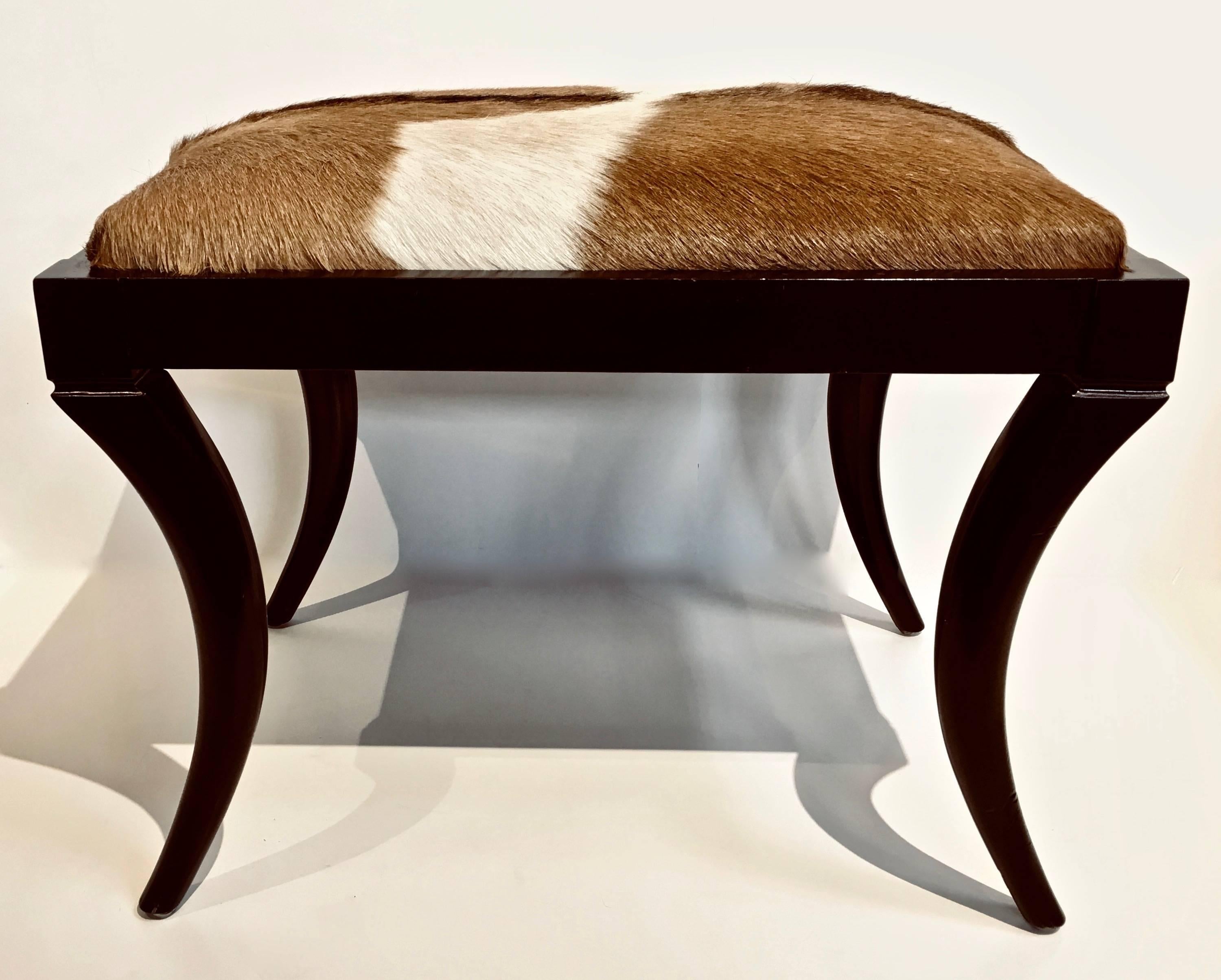 Pony Skin Upholstered Hide Bench with Saber Legs In Good Condition For Sale In Stamford, CT