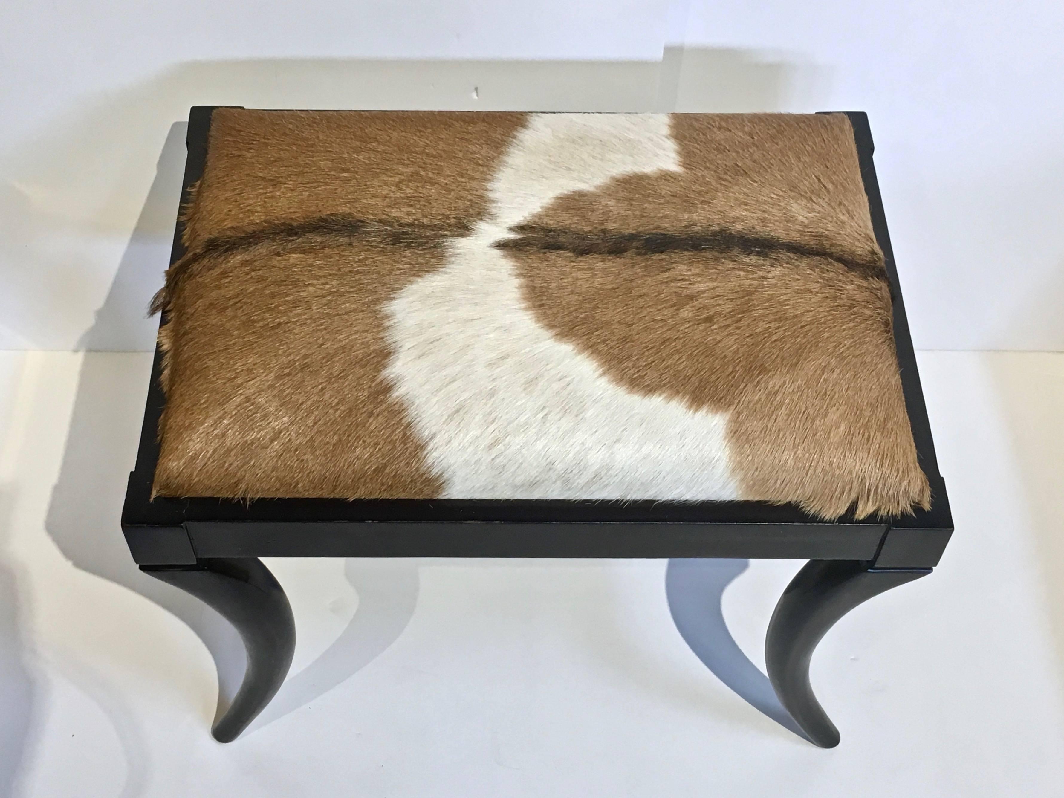 20th Century Pony Skin Upholstered Hide Bench with Saber Legs For Sale