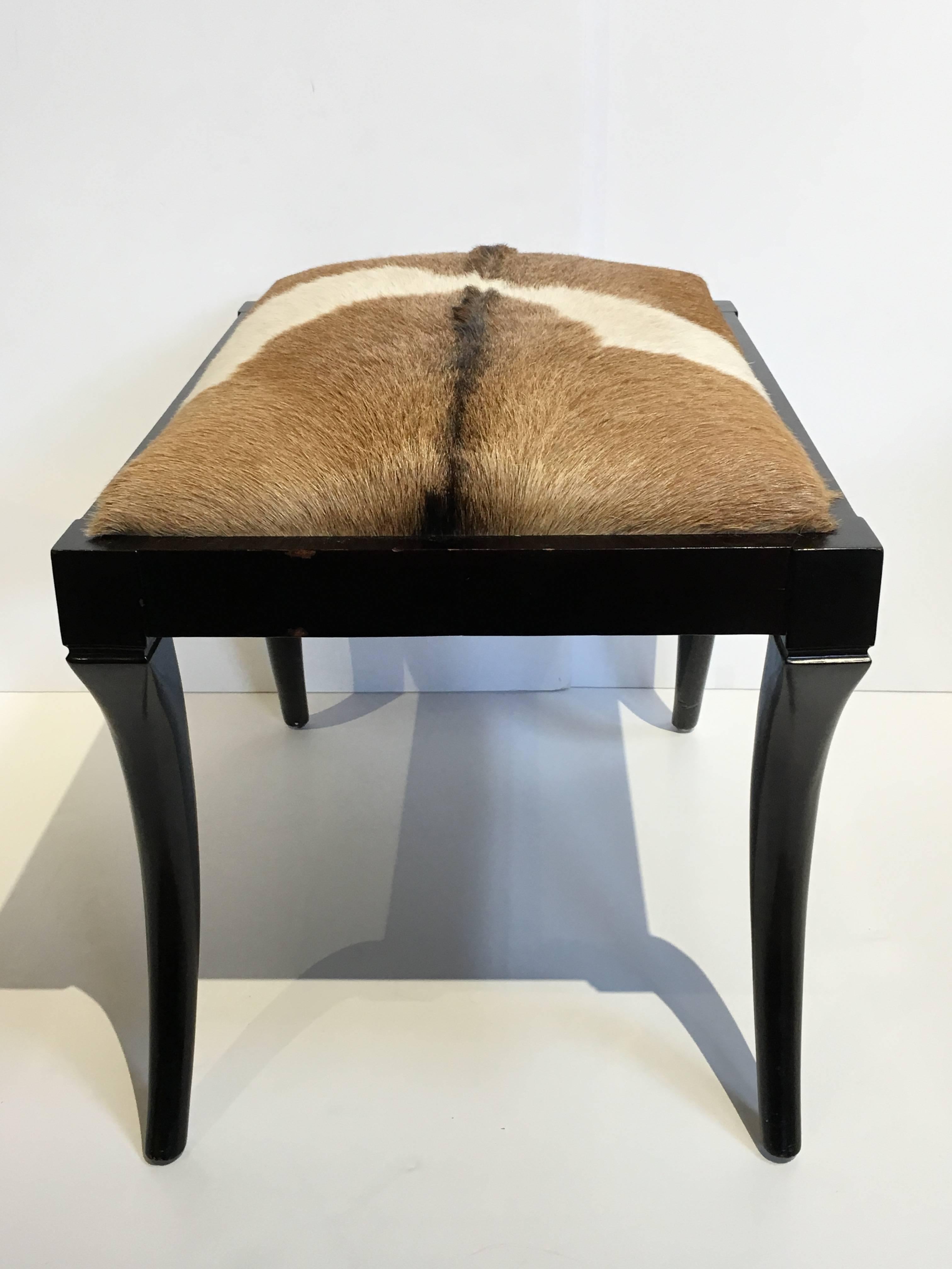 Pony Skin Upholstered Hide Bench with Saber Legs For Sale 1