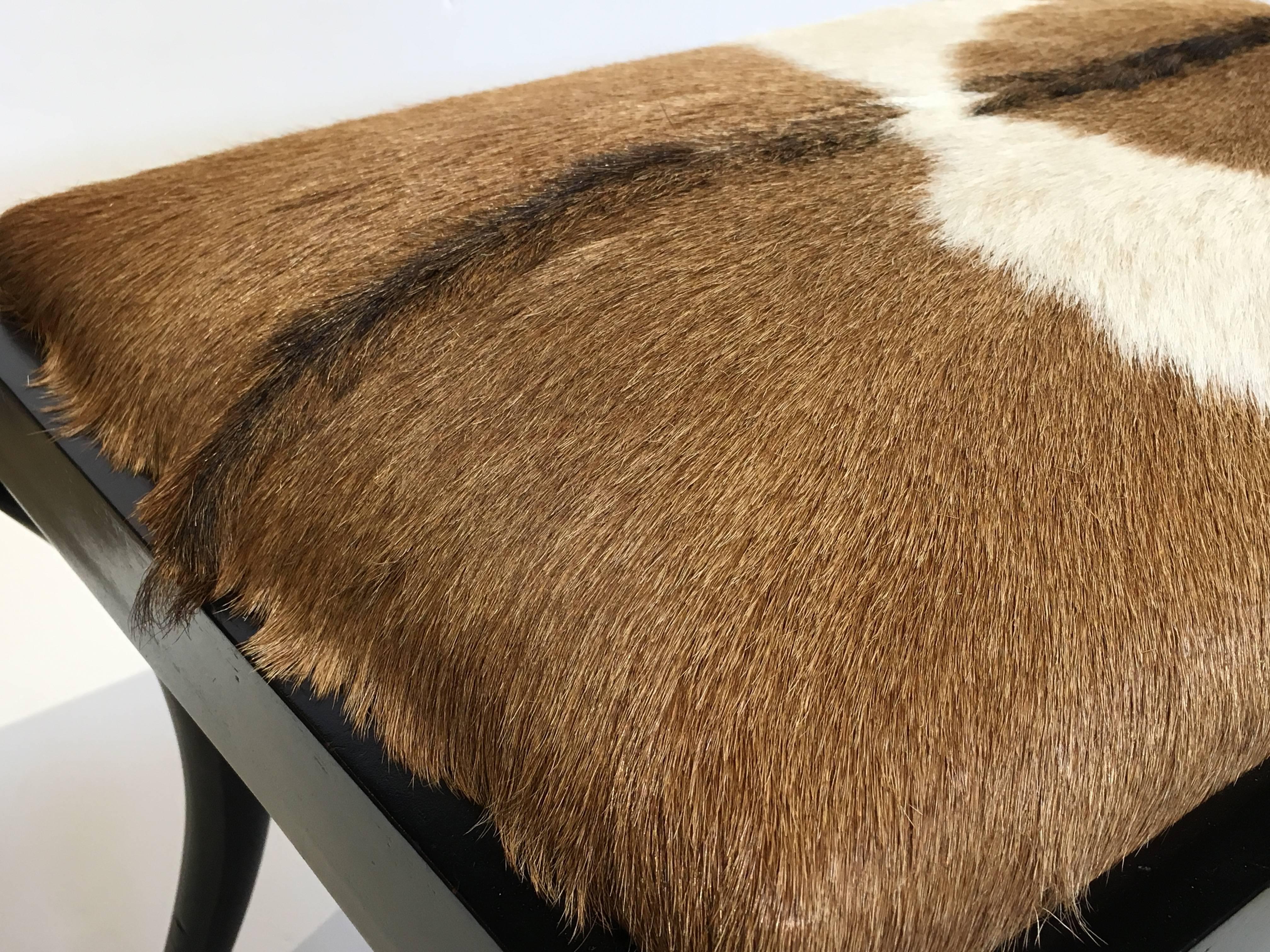 Pony Skin Upholstered Hide Bench with Saber Legs For Sale 2