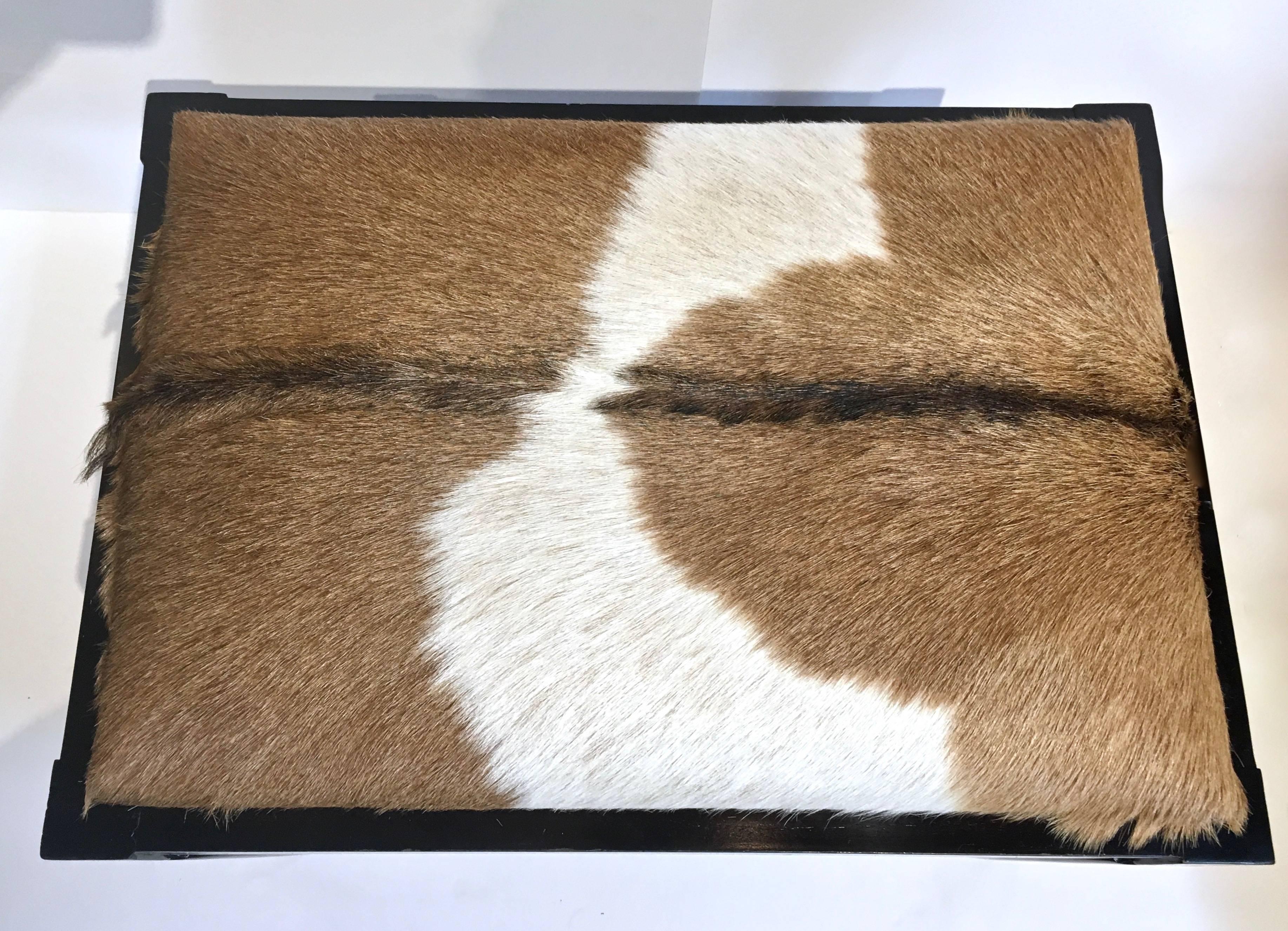 Pony Skin Upholstered Hide Bench with Saber Legs For Sale 3